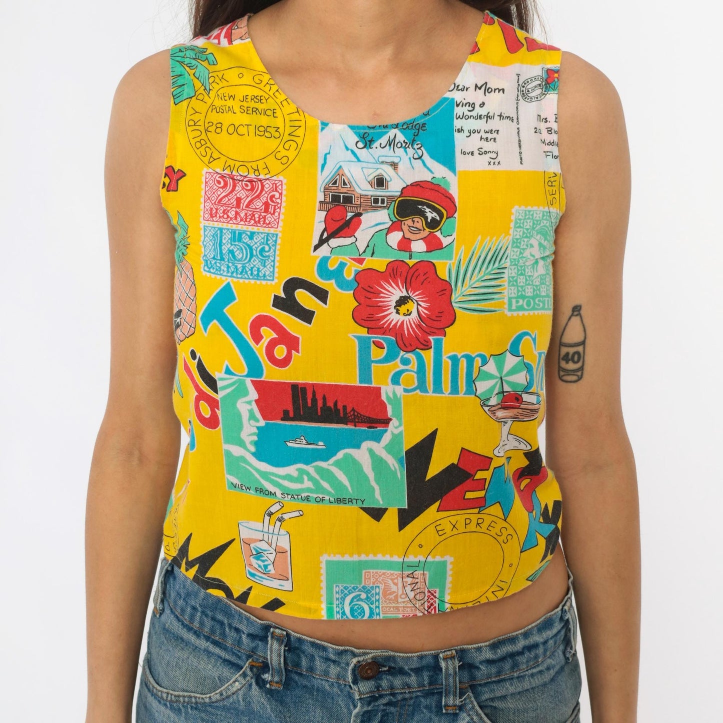 90s Yellow Crop Tank Postcard Print Novelty Sleeveless Top Extra Small XS