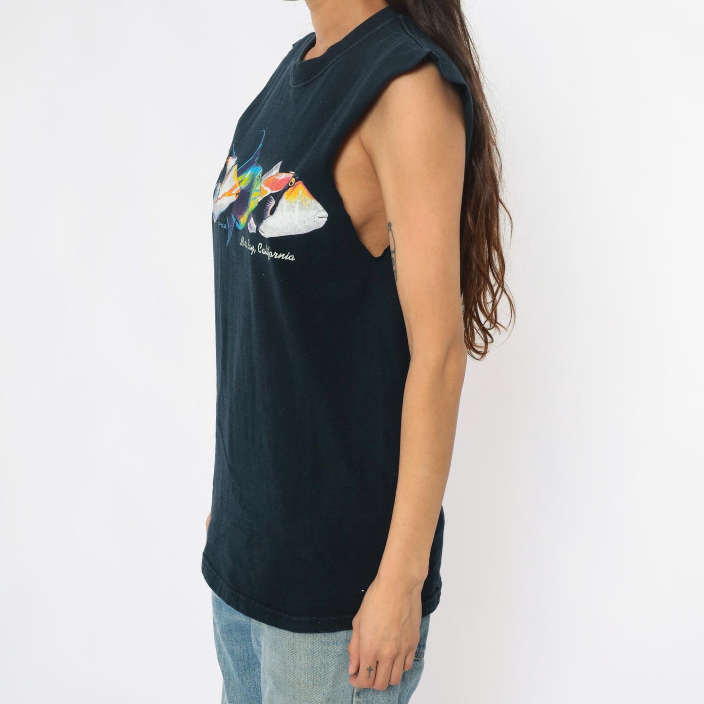 90s Fruit of the Loom Fish Tank Morro Bay Graphic Tank Top Black Cotton Medium M