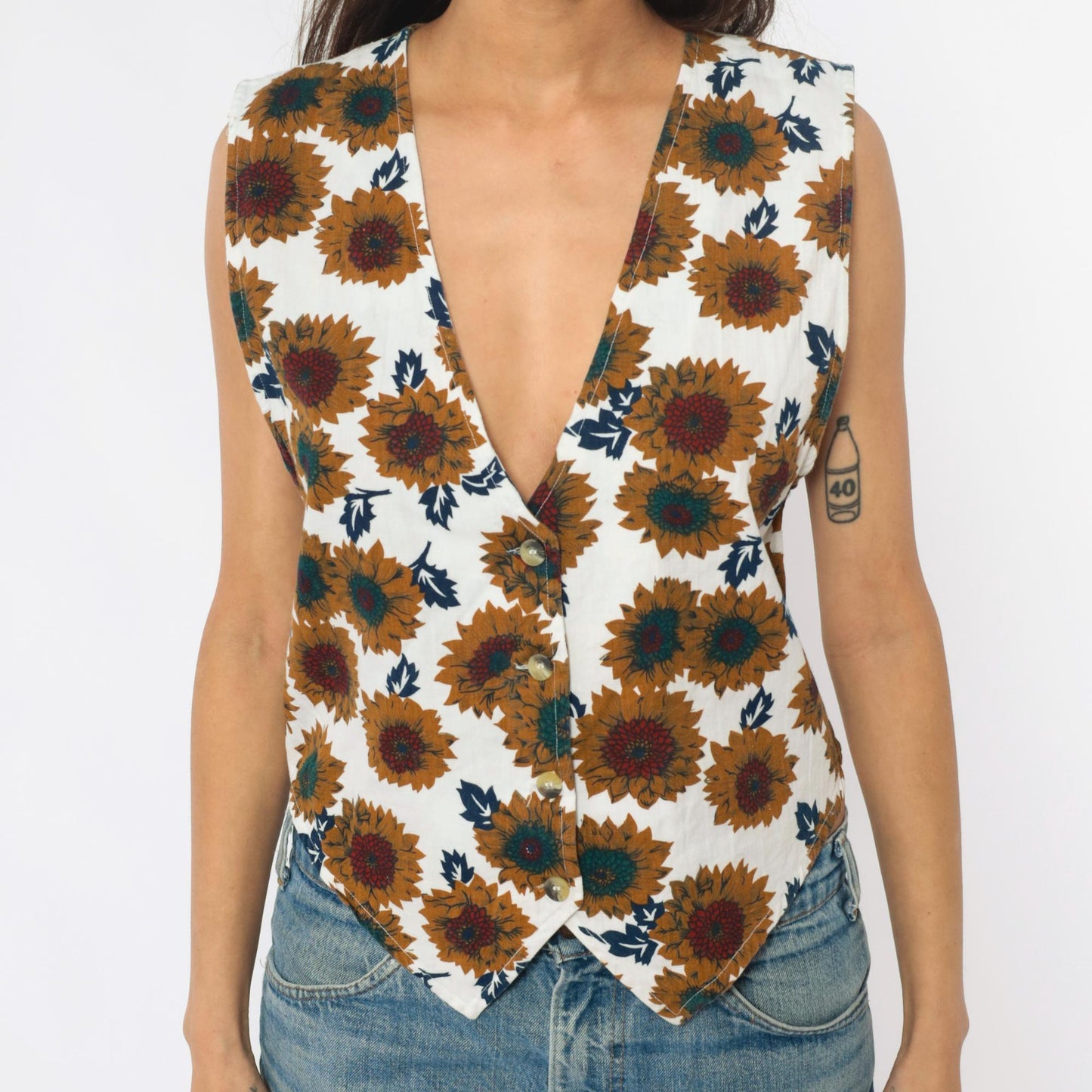 90s Carolina Colours Sunflower Floral Cotton Vest Cream Medium M