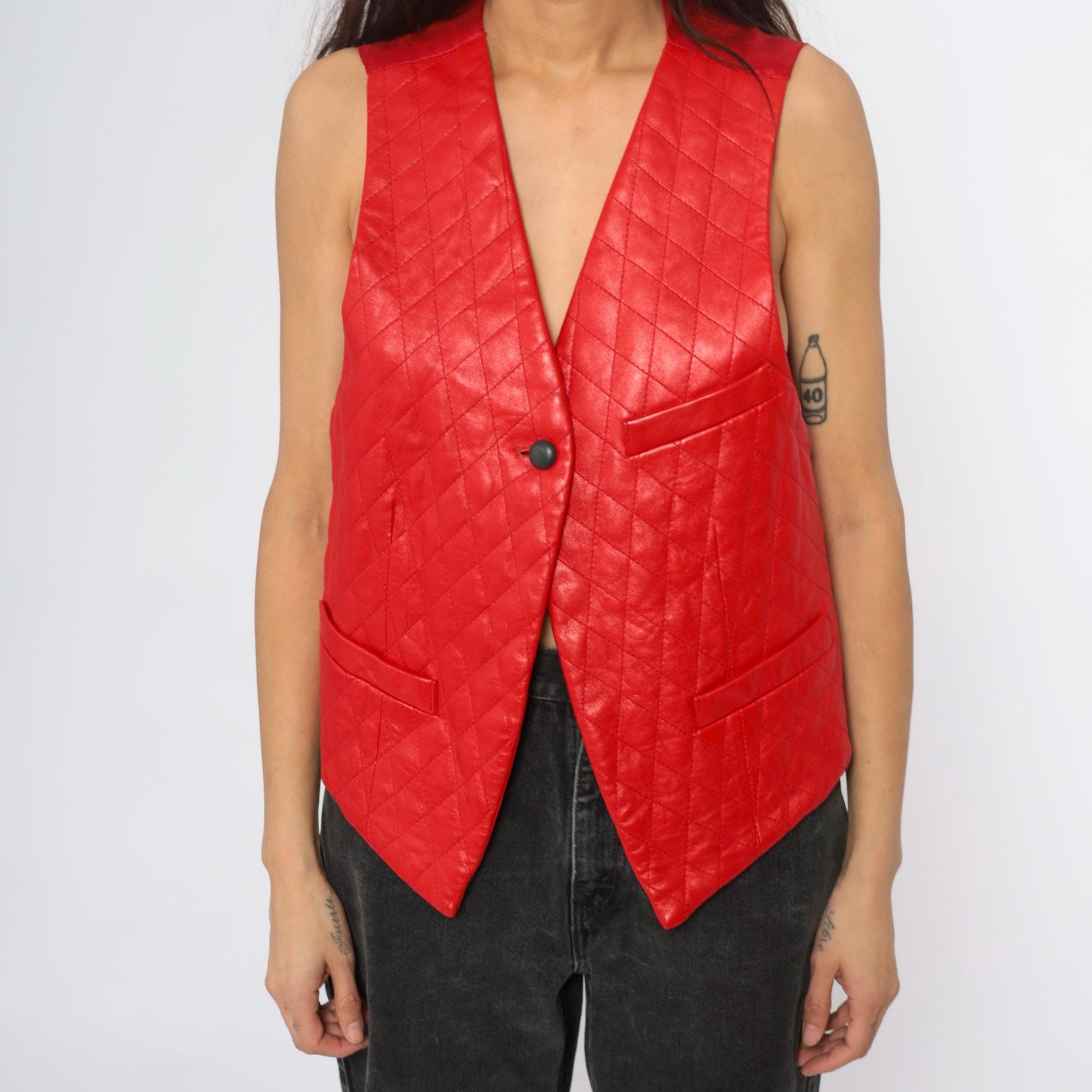 90s Red Leather Quilted Diamond Vest Adjustable Medium M