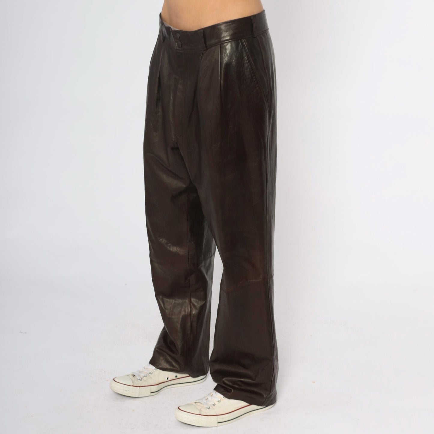 90s Sara Edan Leather Pants Brown High Rise Wide Leg Pleated 36x28