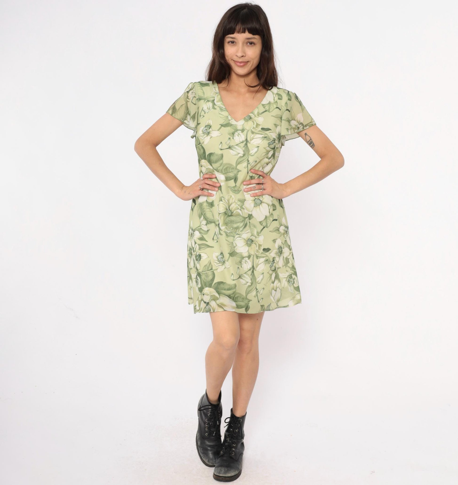 90s Green Magnolia Floral Dress V-Neck Flutter Sleeve A-Line Medium