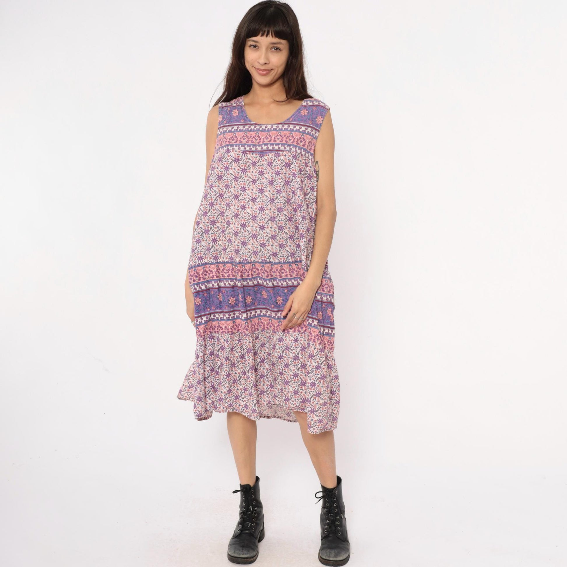 90s La Cera Floral Cotton Maxi Dress Purple Pink Scoop Neck Extra Large XXL
