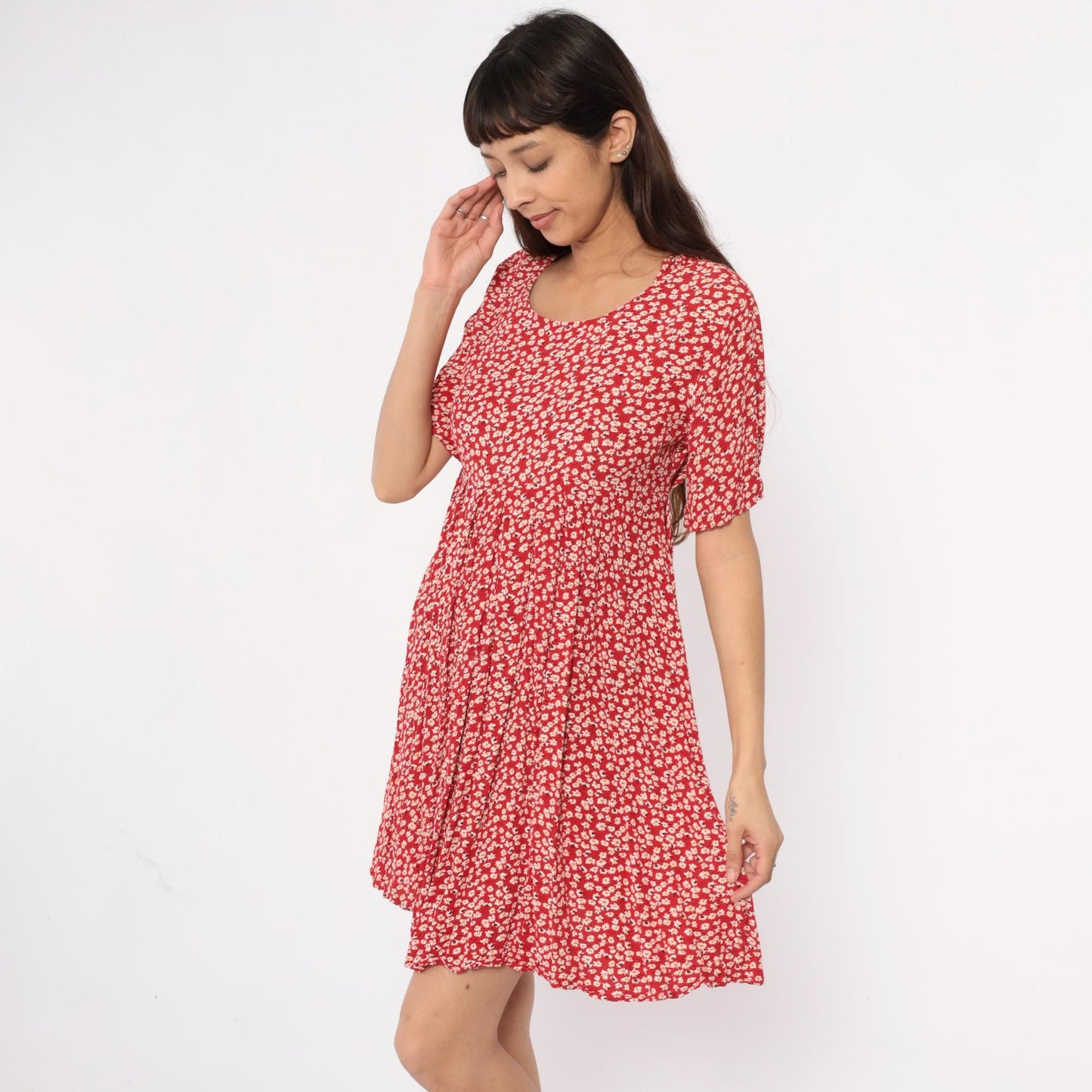 90s Red Daisy Mini Dress Rayon A-Line Scoop Neck Short Sleeve Medium M