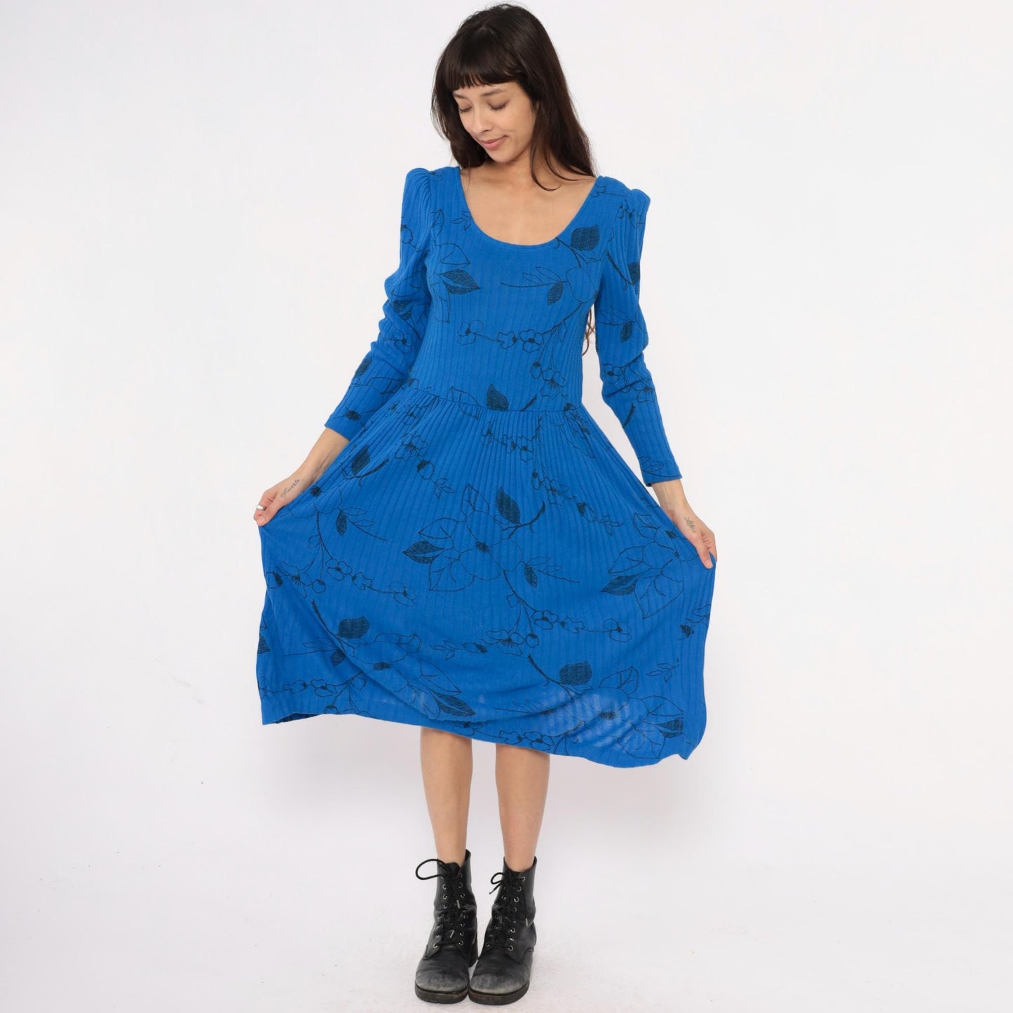 80s Blue Floral Midi Dress Gathered Shoulder Scoop Neckline Small