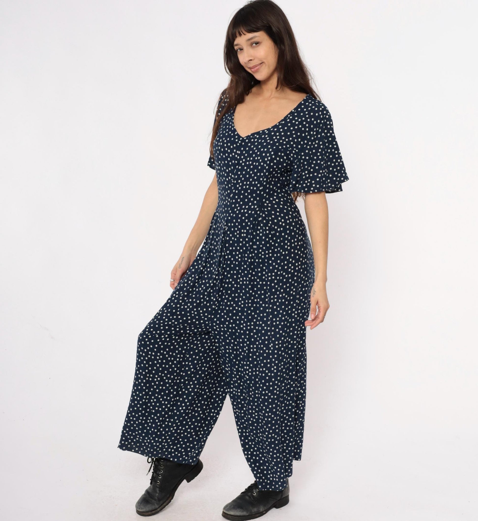 90s Navy Polka Dot Jumpsuit Wide Leg Rayon V-Neck Flutter Sleeve Large L