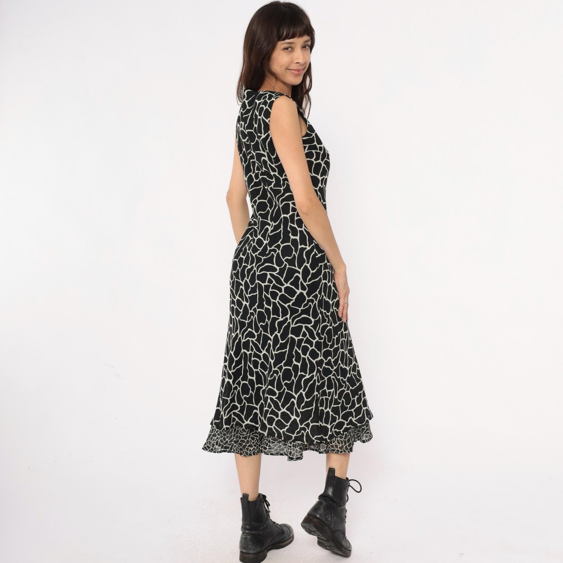 90s Jessica Howard Giraffe Print Maxi Dress Black White Sleeveless Medium