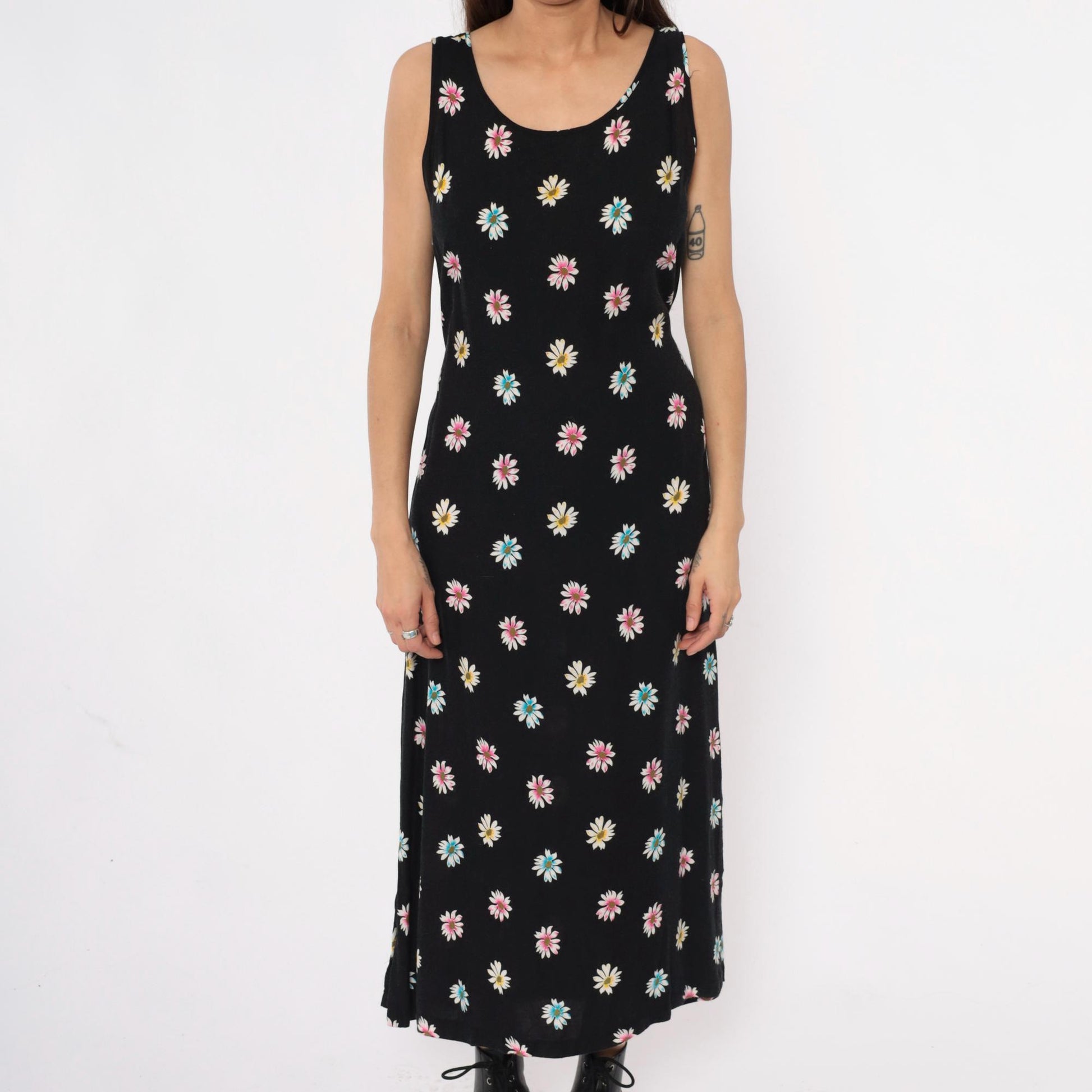 90s Daisy Print Maxi Dress Black Sleeveless Scoop Neck Large L