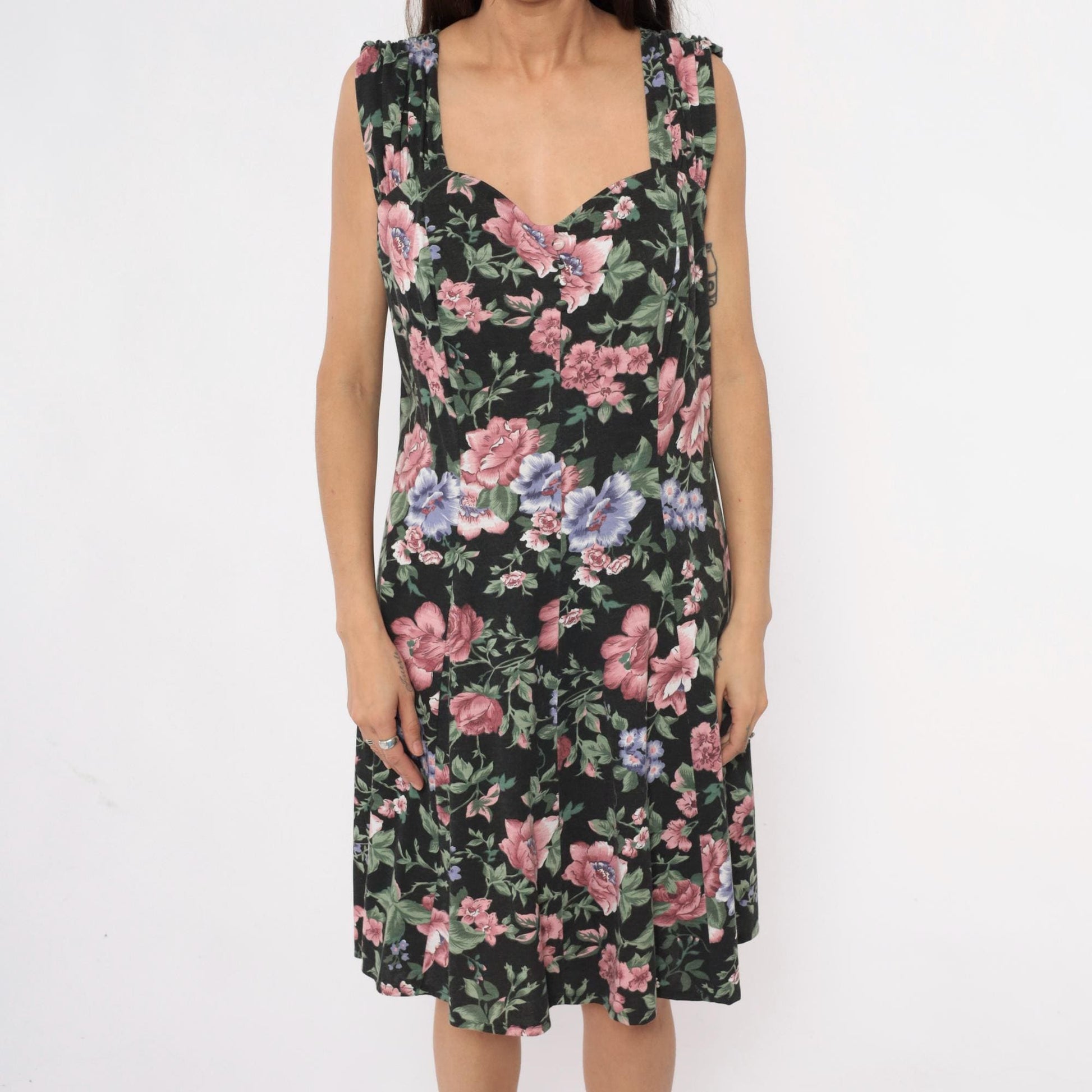 90s Floral Knee-Length Dress Black Pink Roses Blue Flowers Large L