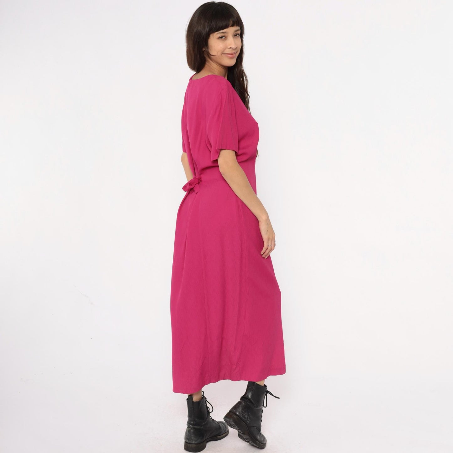 90s Nina Piccalino Hot Pink Maxi Dress V-Neck Button Front Large L