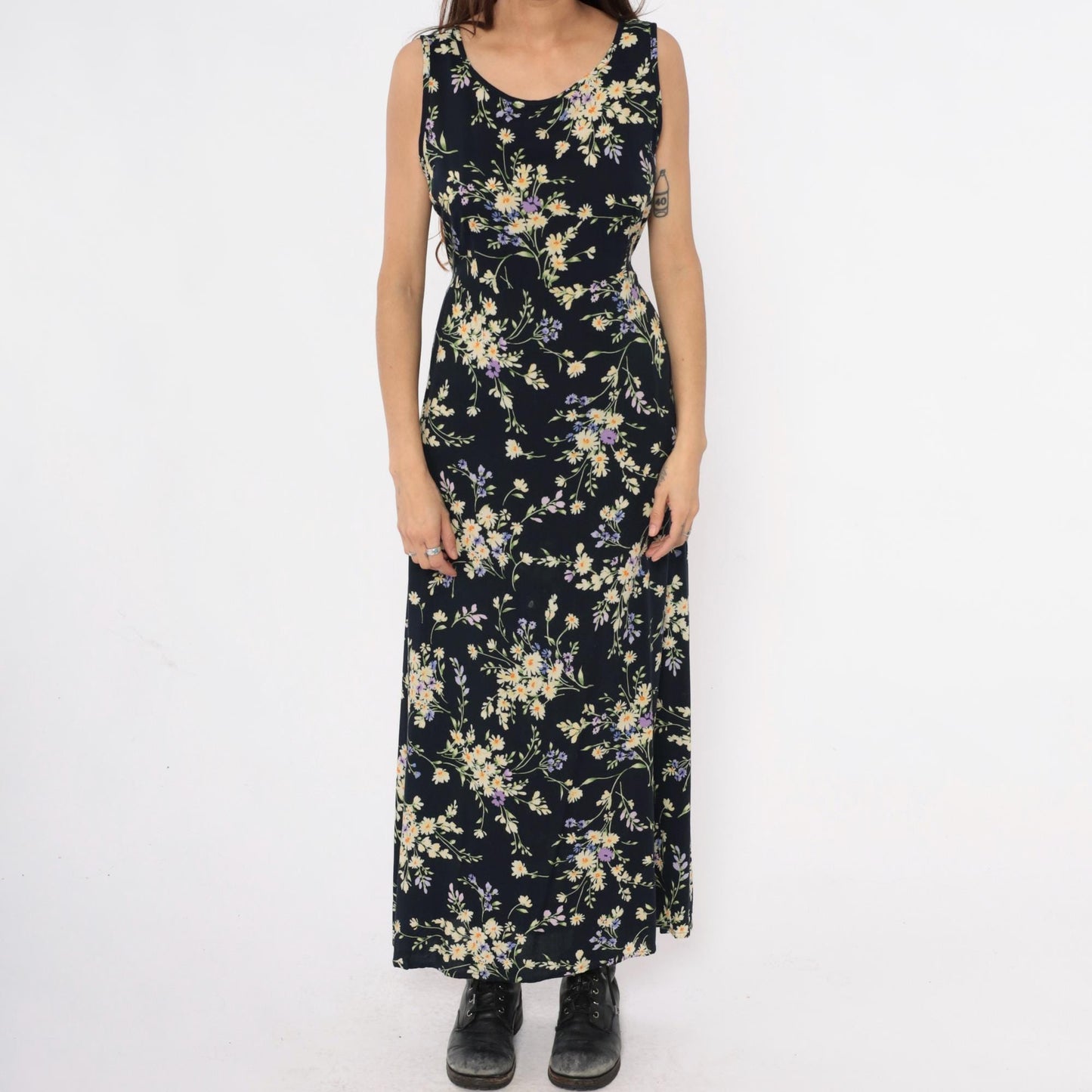 90s California Concepts Floral Maxi Dress Black Yellow Purple Daisy Sleeveless Large