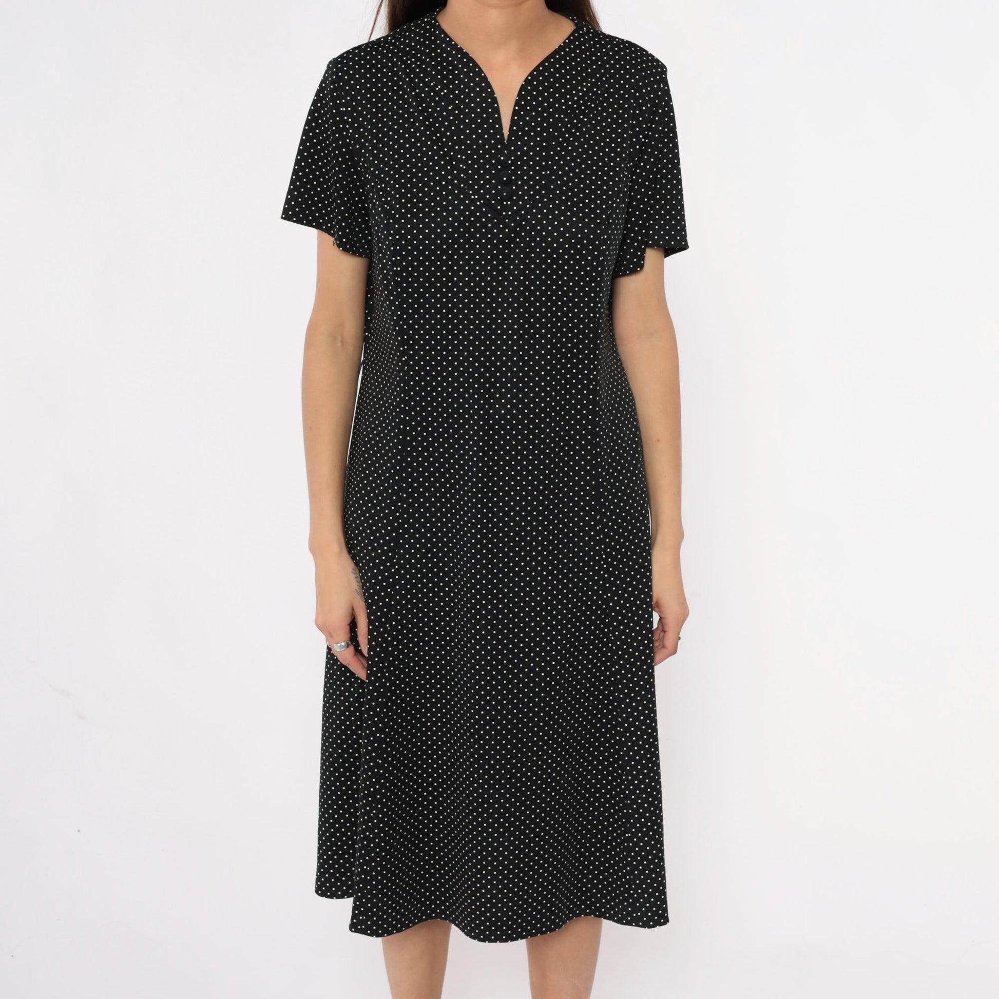90s Black Polka Dot Midi Dress White V-Neck Short Sleeve Extra Large