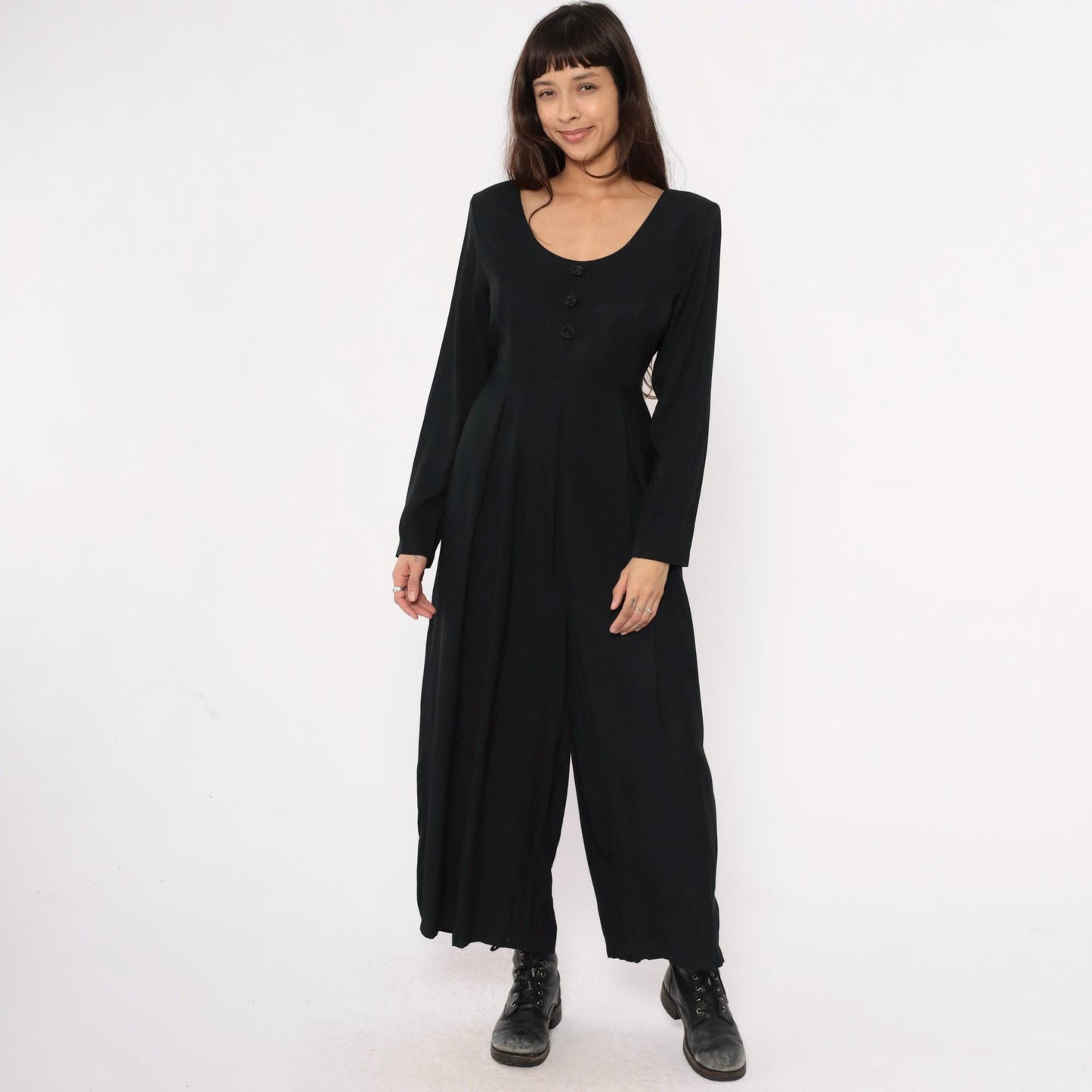 90s Express Black Wide-Leg Jumpsuit Tie Waist Long Sleeve Medium