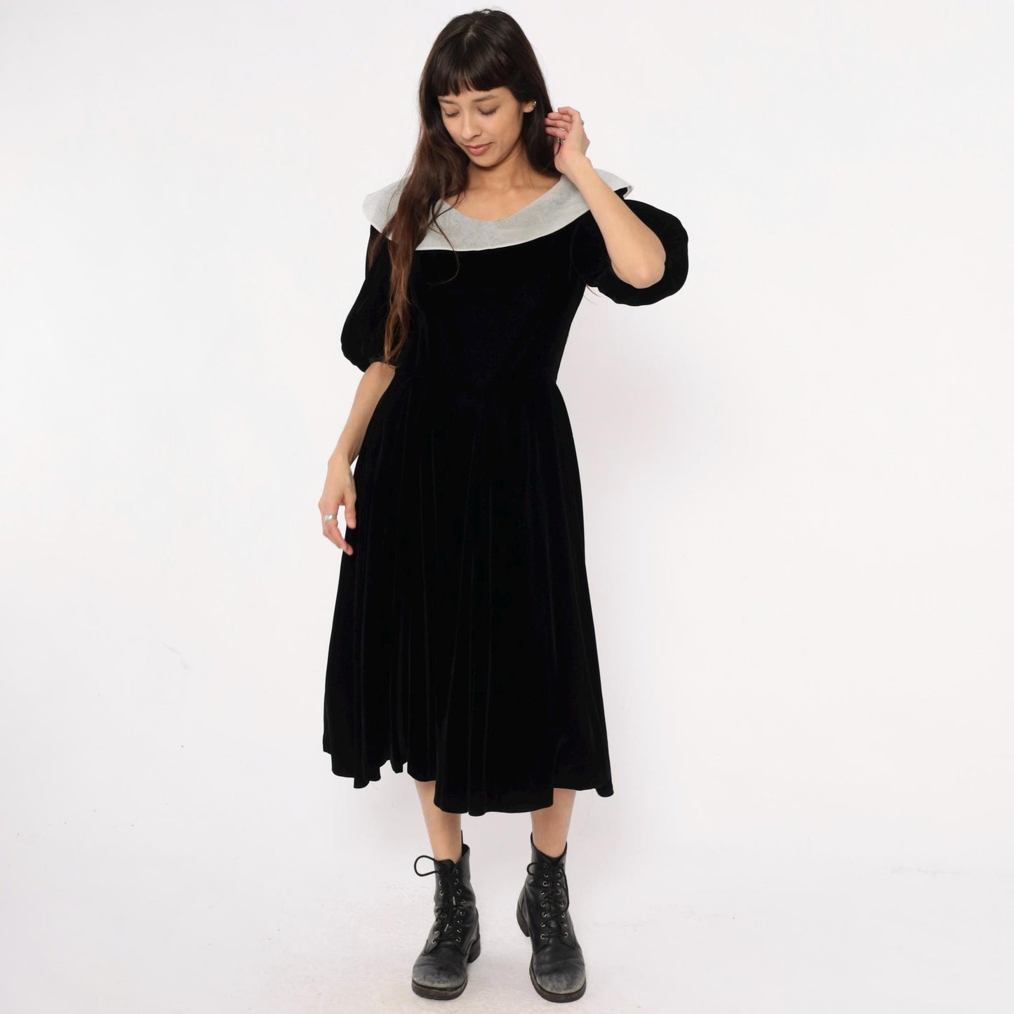 Y2K Yuki Torii Black Velvet Midi Dress White Peter Pan Collar Medium M