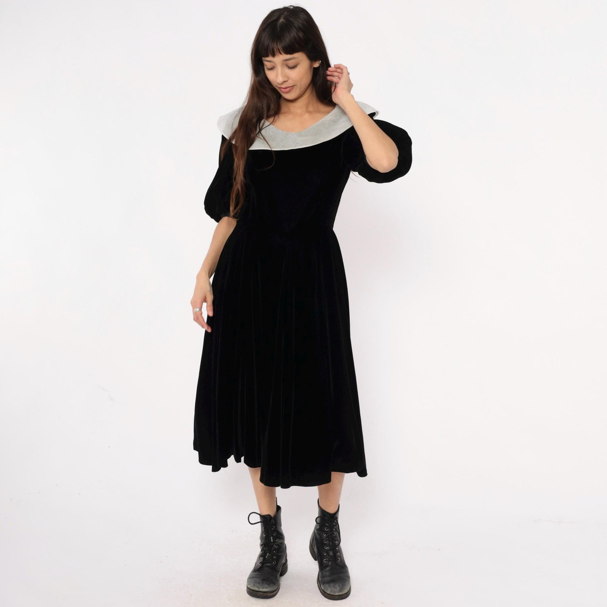 Y2K Yuki Torii Black Velvet Midi Dress White Peter Pan Collar Medium M