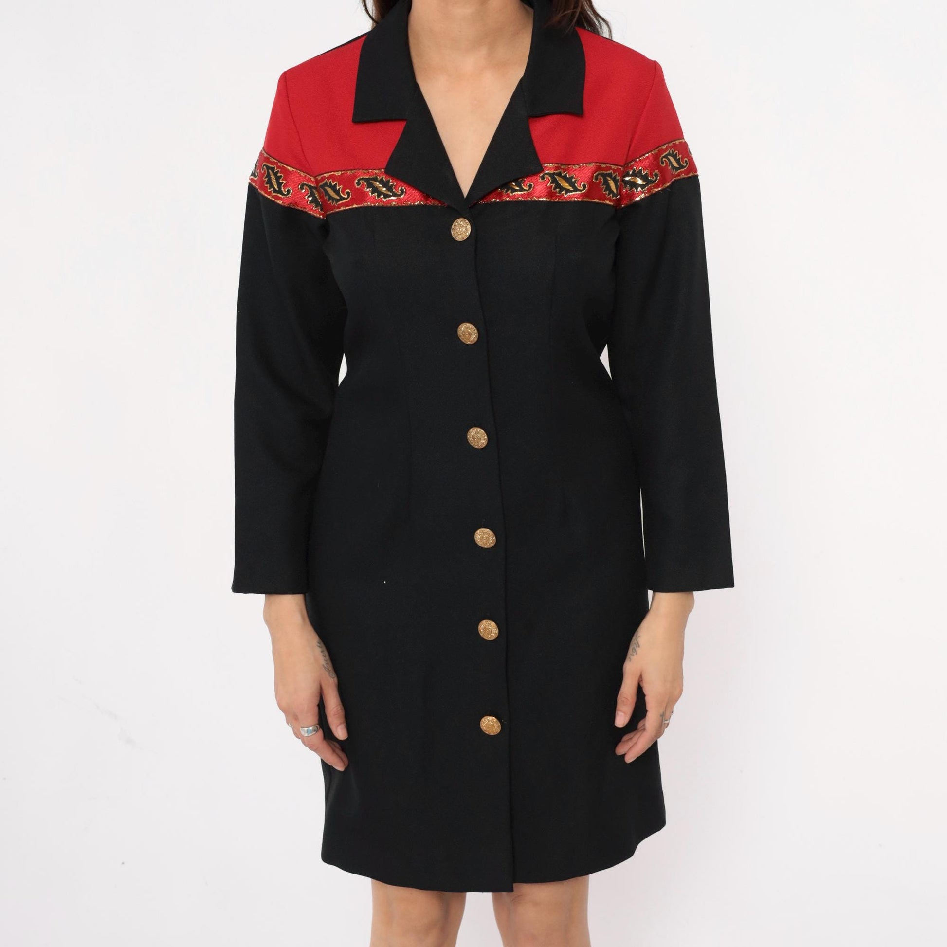 90s Willow Ridge Western Dress Black Red Color Block Gold Embroidered Small