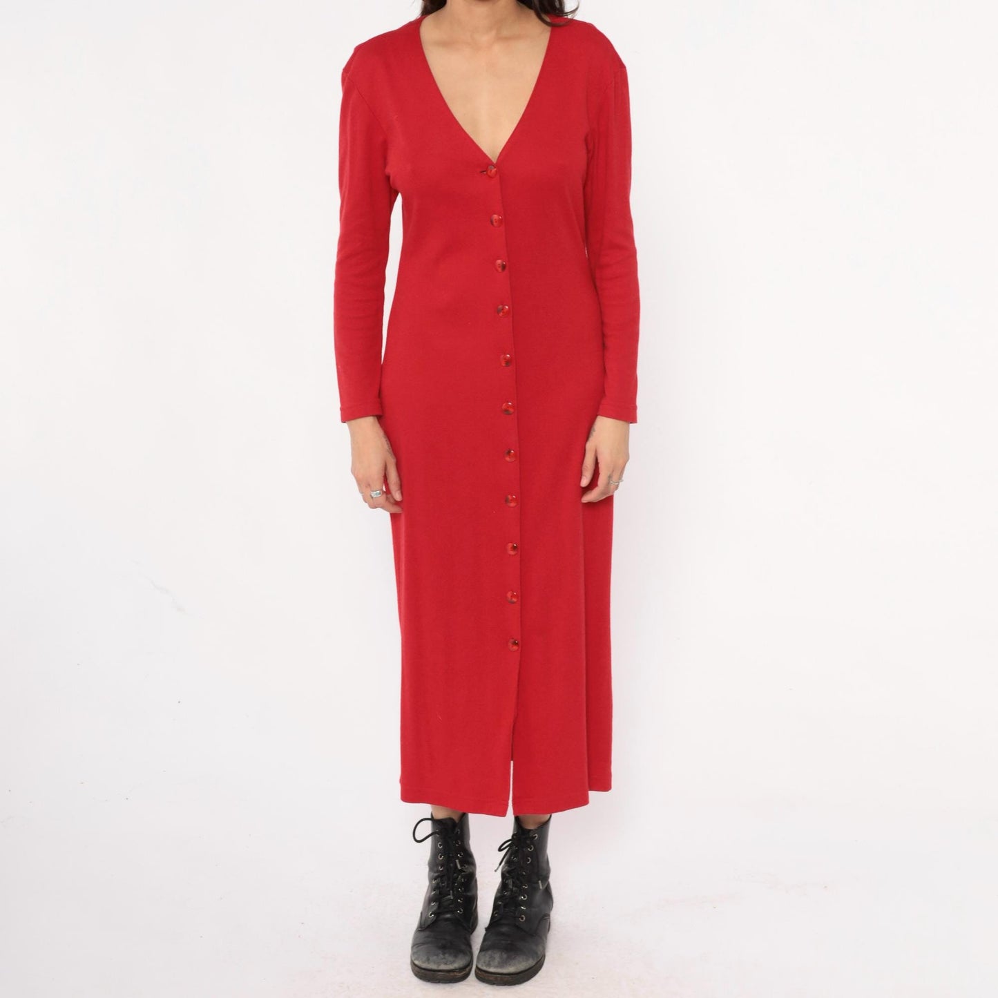 90s Moda Intl Black Maxi Dress Red Yoke Gold Buttons Medium