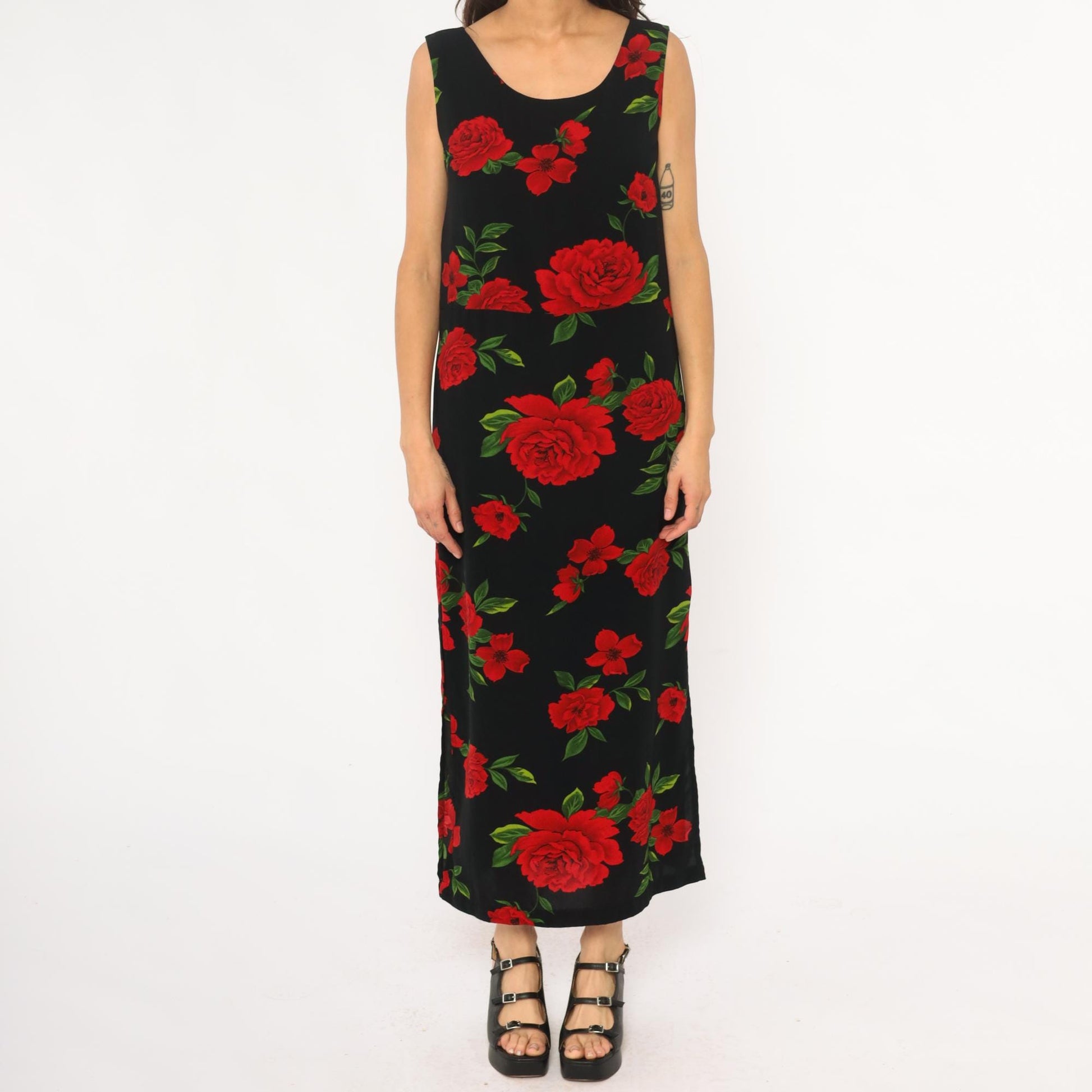 90s Black Maxi Dress Red Rose Floral Print Sleeveless Scoop Neck Medium