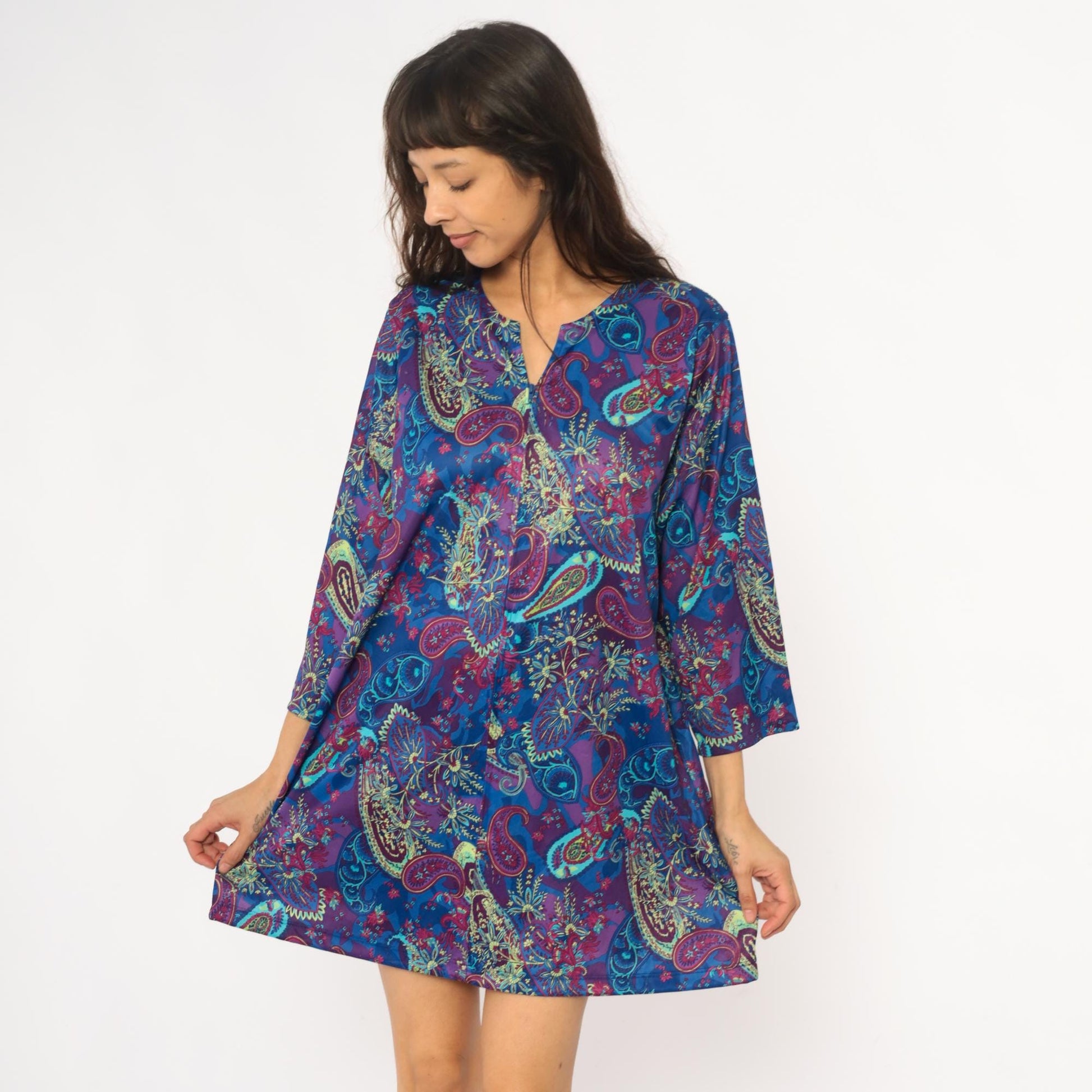 80s Paisley Shift Dress V-Neck Three-Quarter Sleeve Knee Length Large L