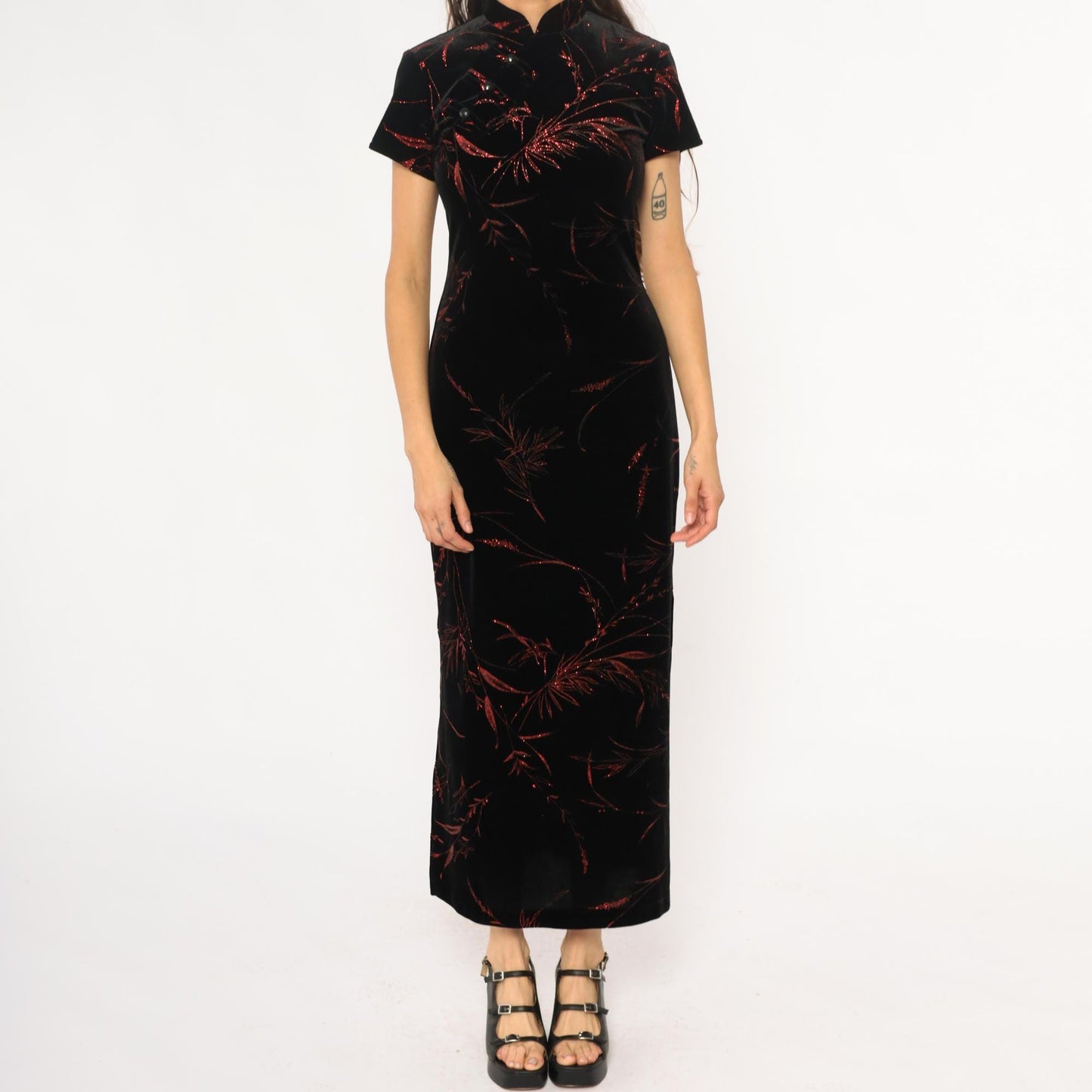 Y2K Black Velvet Maxi Dress Red Floral Cheongsam Mandarin Collar Small S