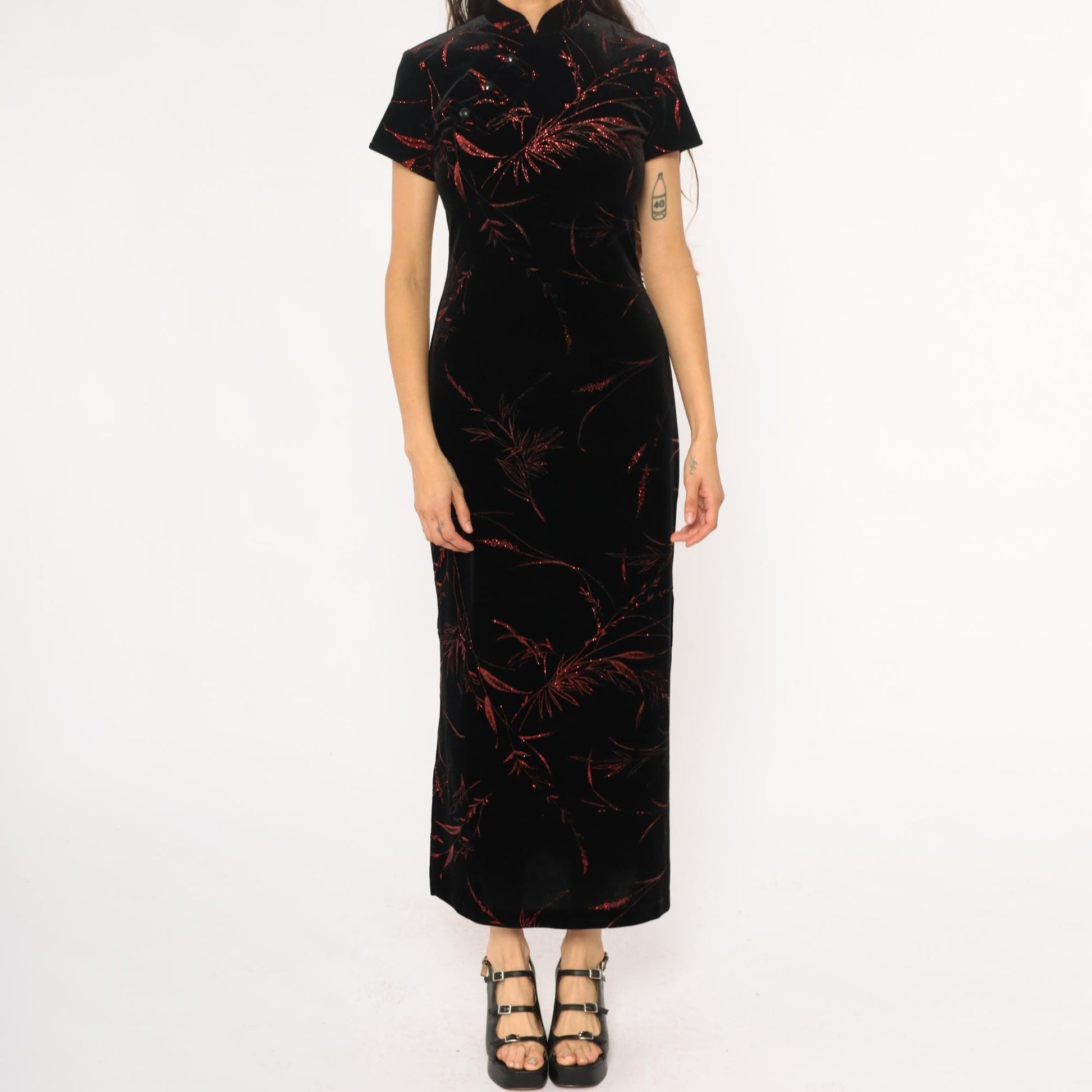 Y2K Black Velvet Maxi Dress Red Floral Cheongsam Mandarin Collar Small S
