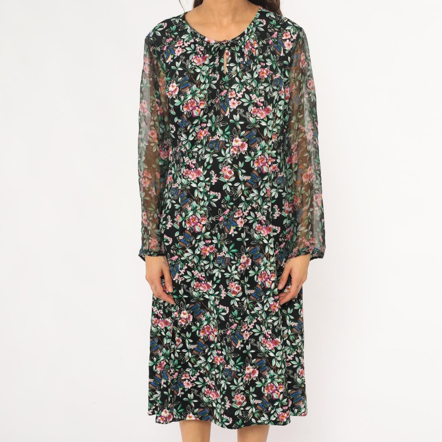 70s Black Floral Midi Dress Butterfly Print V-Neck Long Sleeve Extra Large