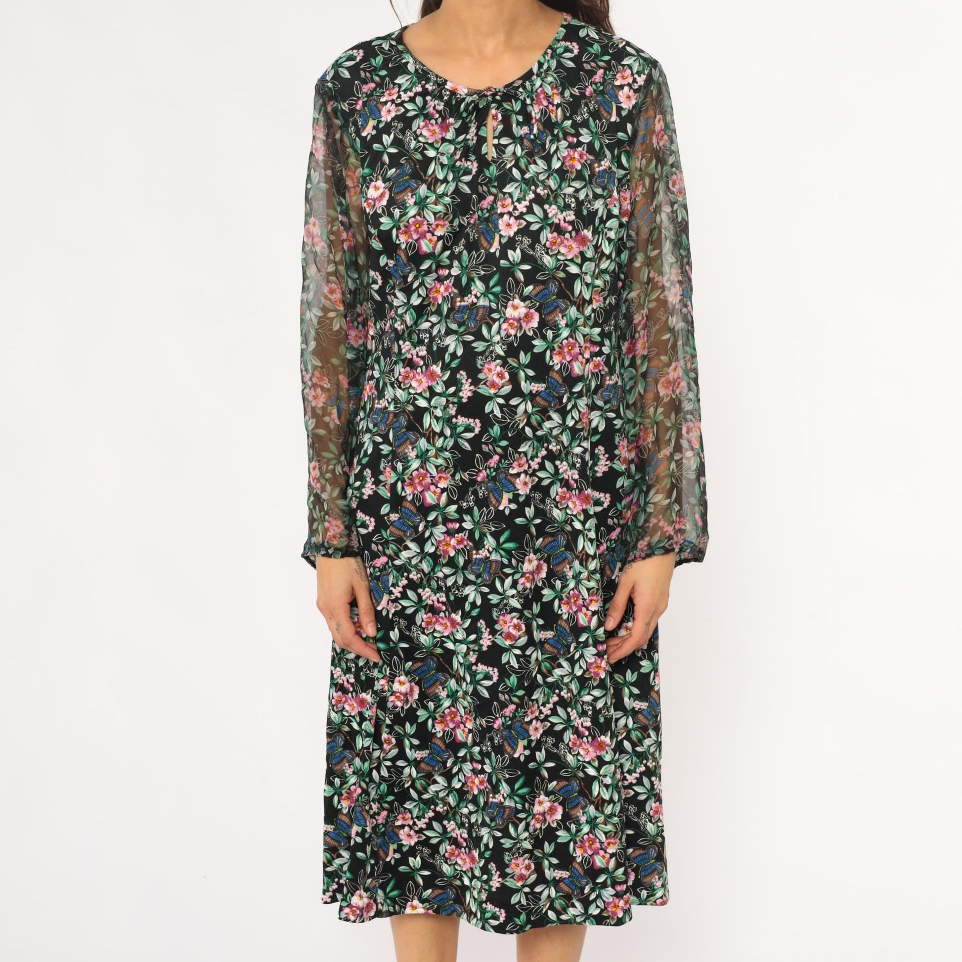 70s Black Floral Midi Dress Butterfly Print V-Neck Long Sleeve Extra Large