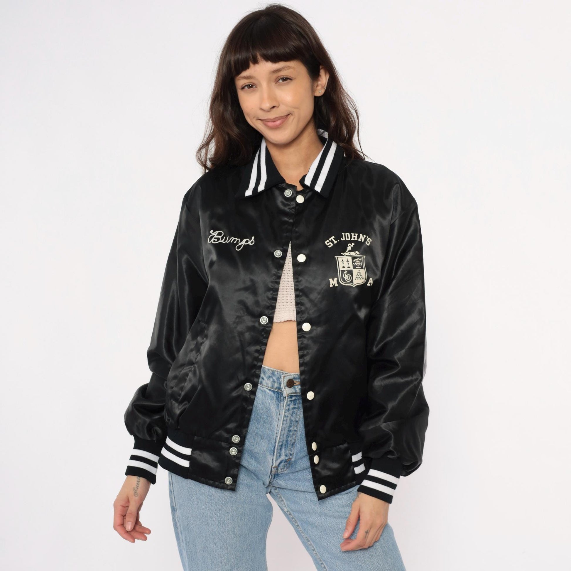 80s Black Satin Varsity Jacket Silver Rifles Drill Team Embroidered Medium