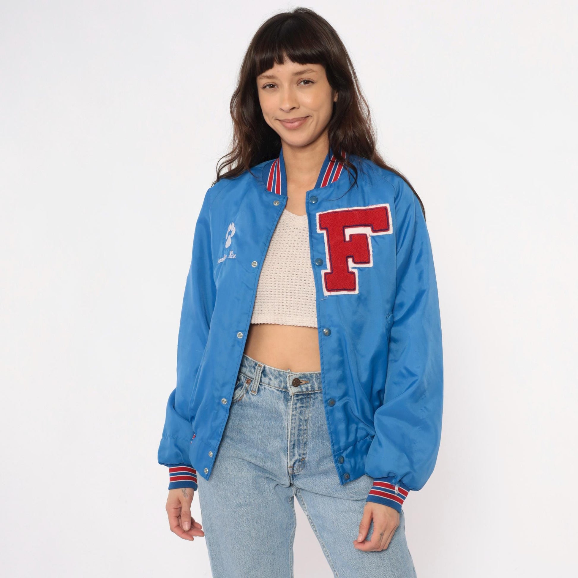 90s Franklin Varsity Jacket Blue Nylon Bomber Snap Front Small S