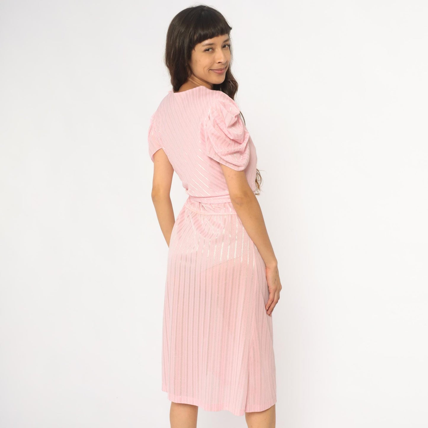 80s Pink Diagonal Stripe Midi Dress Puff Sleeve Tie Waist Small