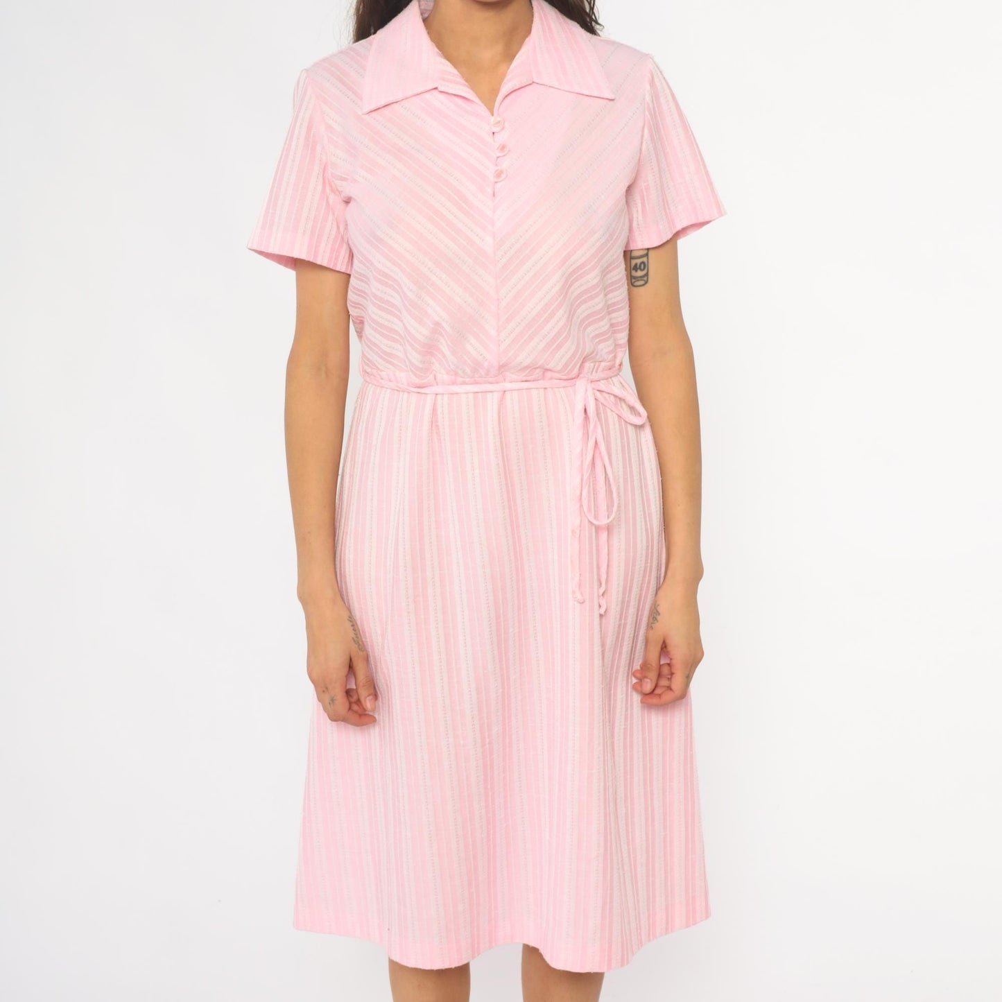 80s Pink Striped Shirt Dress Midi Polo Collar Button Front Medium