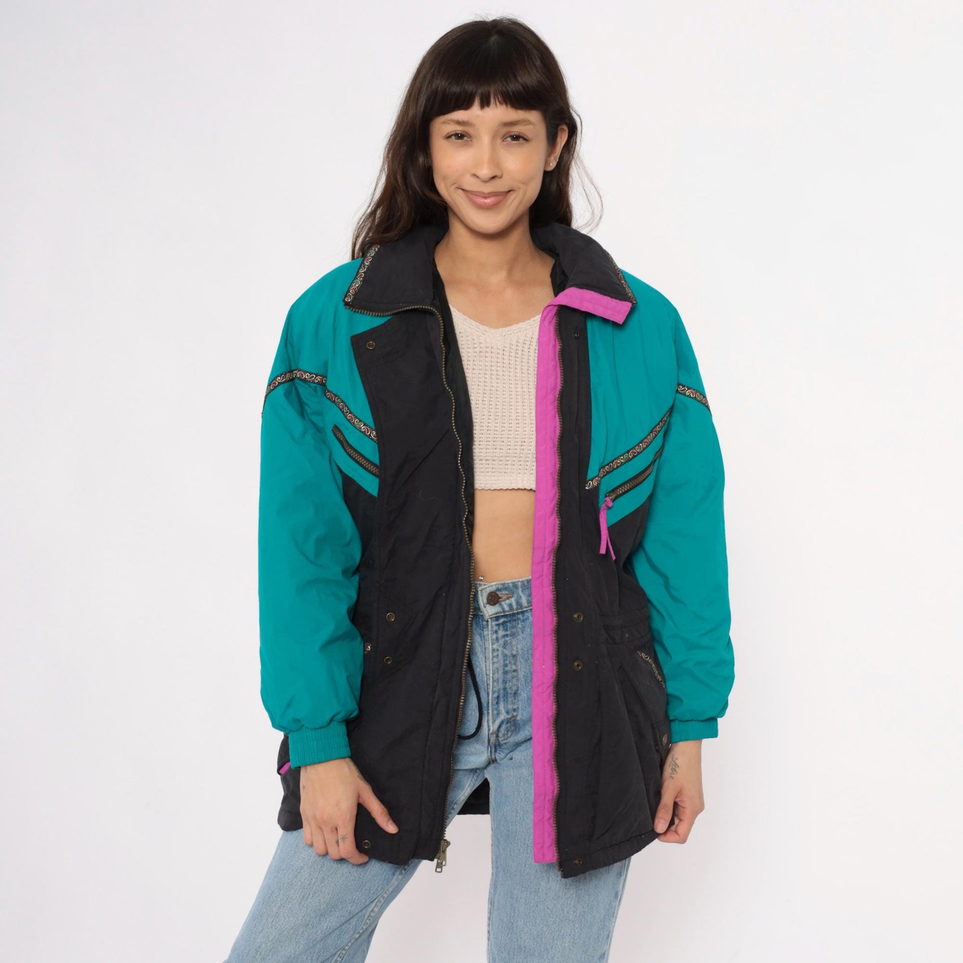 90s Colorblock Ski Jacket Teal Black Puffer Pink Zippers Small S