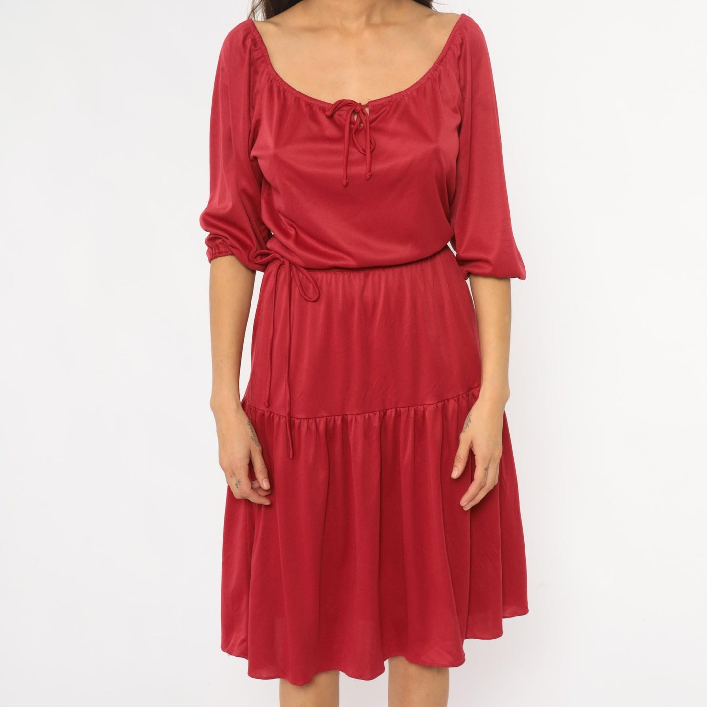 70s Cranberry Red Midi Dress Prairie Peasant Tiered Ruffle Drawstring Small Medium