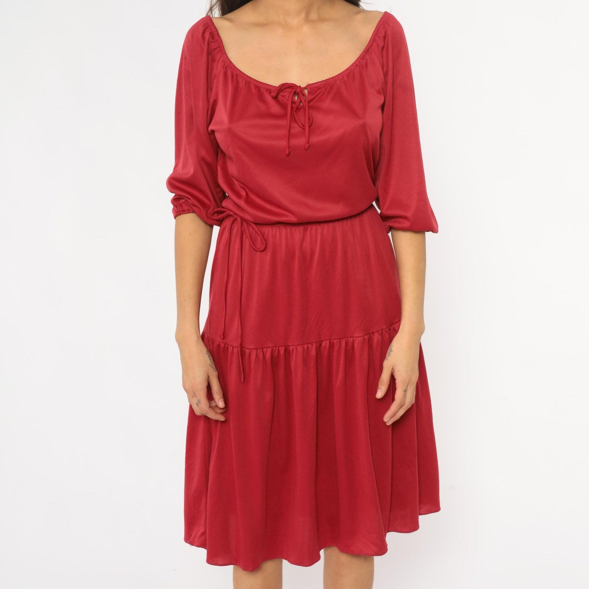 70s Cranberry Red Midi Dress Prairie Peasant Tiered Ruffle Drawstring Small Medium