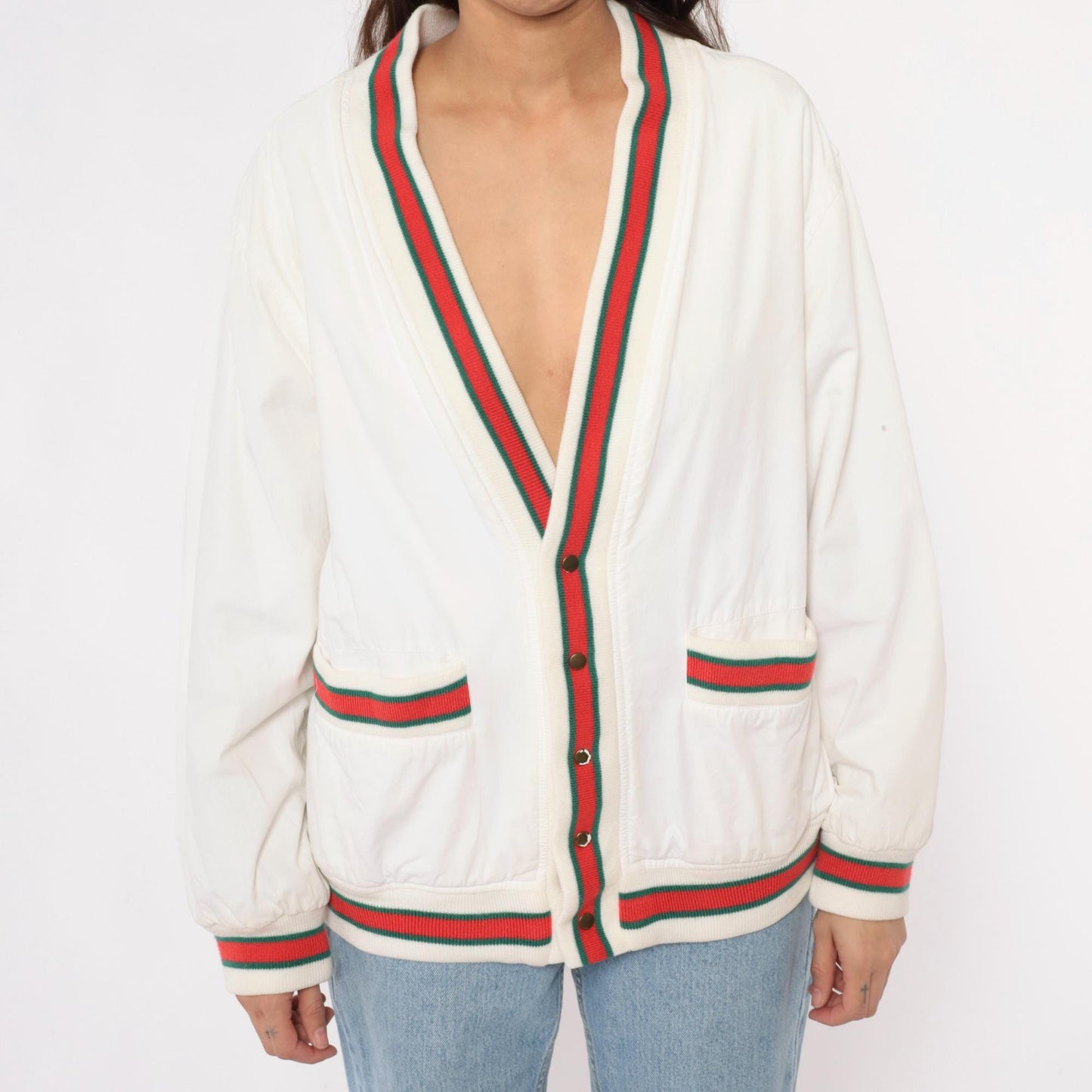 80s Cream Cardigan Red Green Striped Ribbed Trim Cotton Preppy Medium