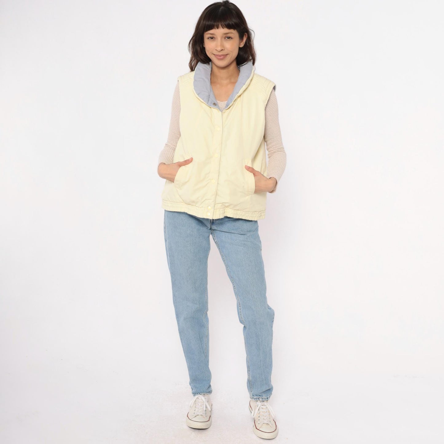 80s Reversible Quilted Vest Yellow Grey Puffer Sleeveless Medium