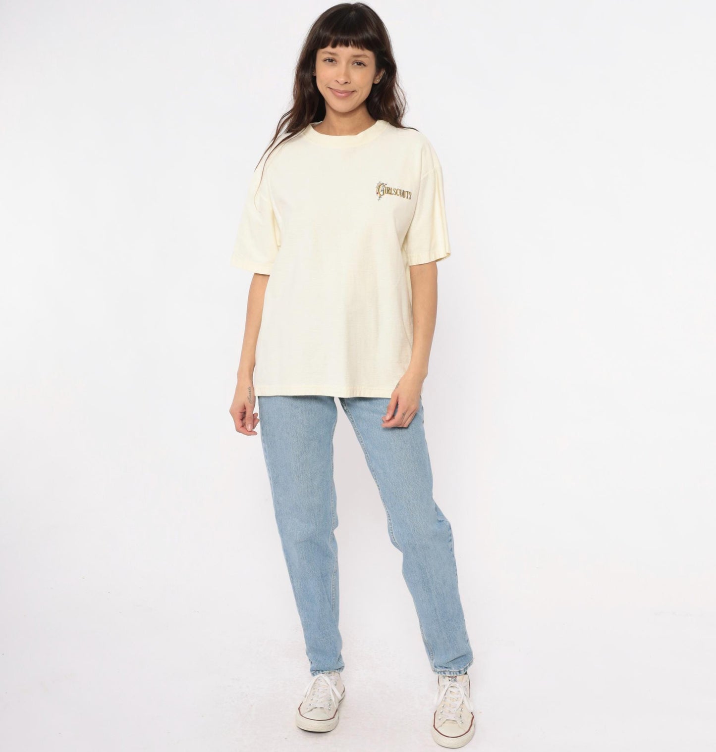 90s Girl Scouts Embroidered Logo Cotton Tee Cream Large L