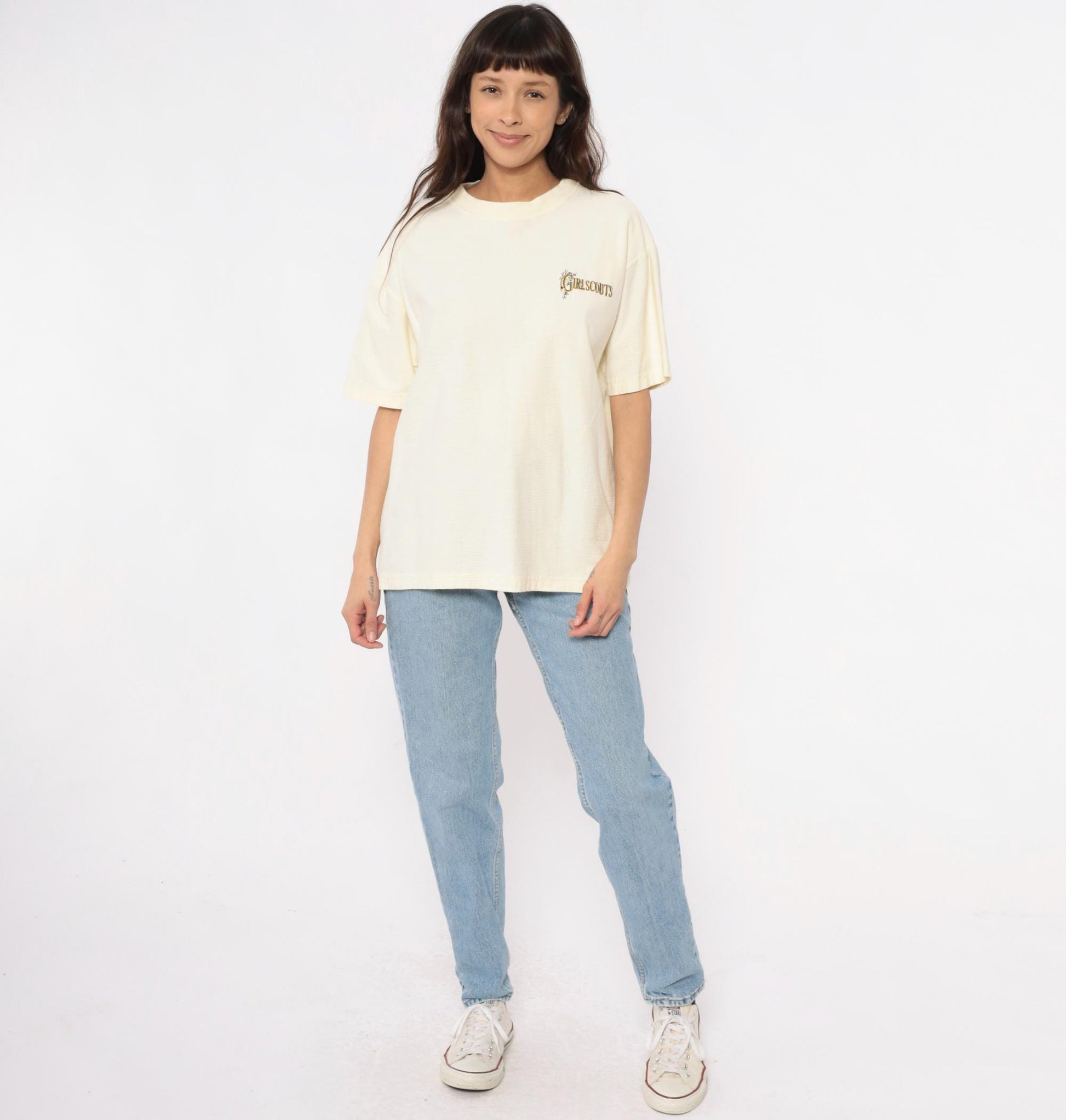 90s Girl Scouts Embroidered Logo Cotton Tee Cream Large L