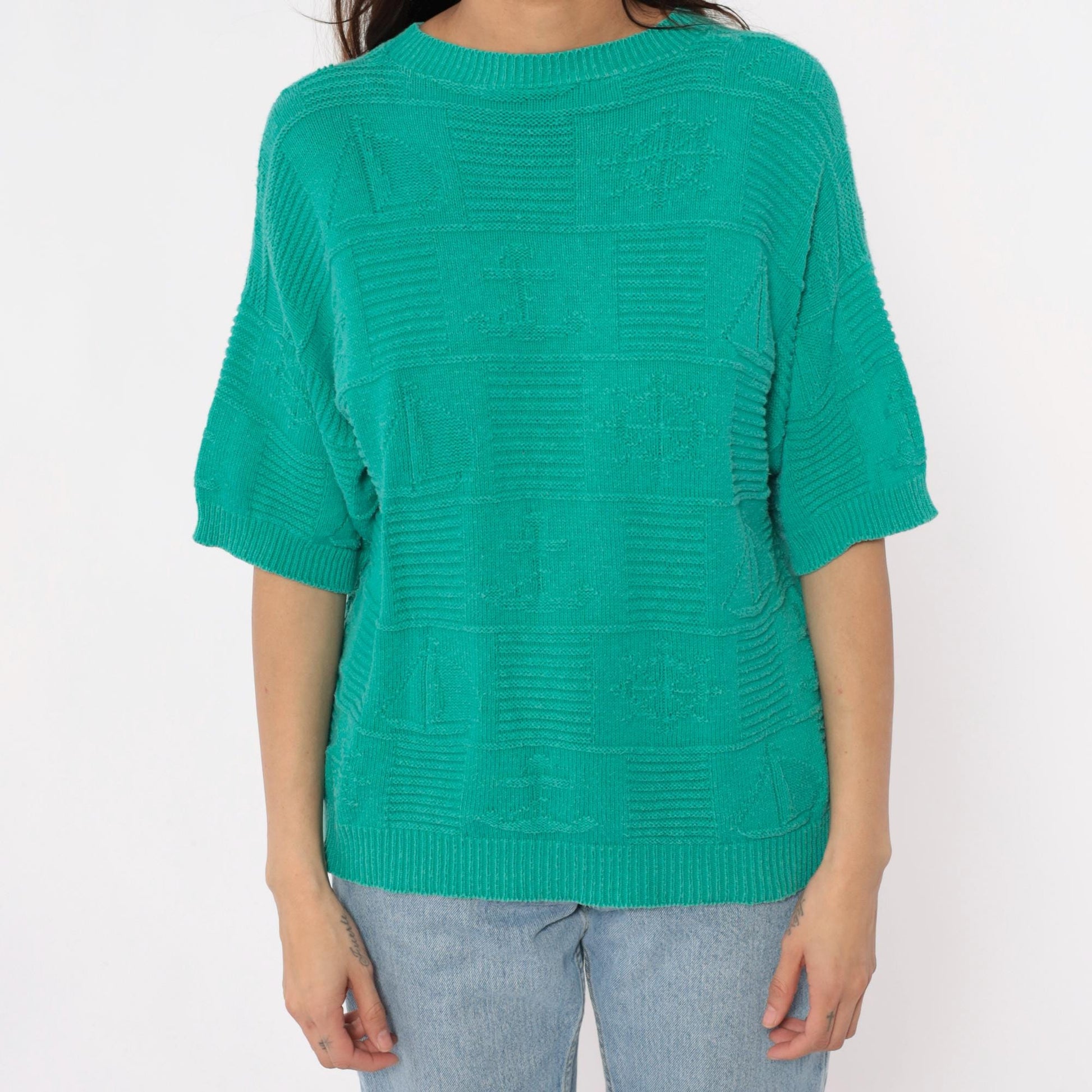 80s Turquoise Knit Sweater Short Sleeve Crew Neck Geometric Pattern Large L