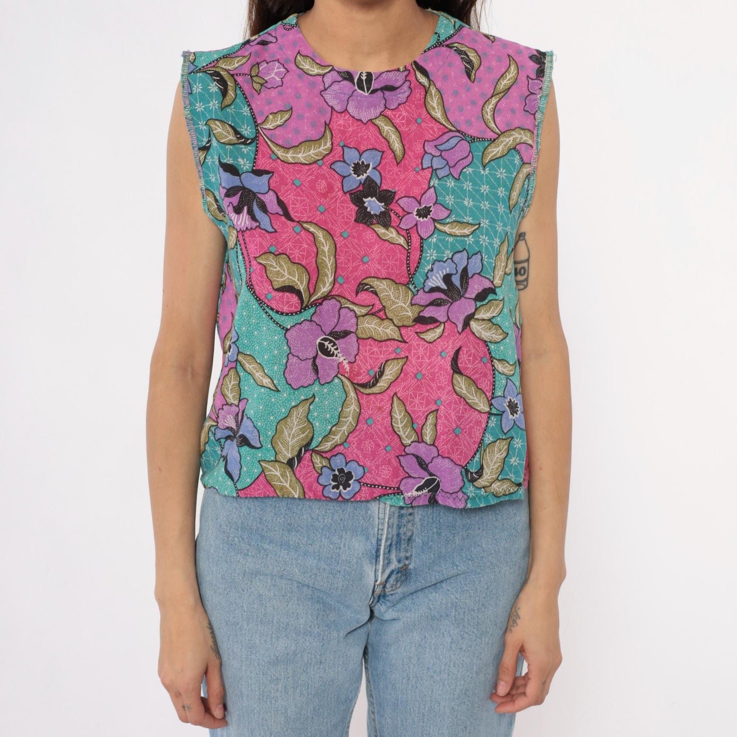 90s Floral Patchwork Tank Top Pink Purple Teal Sleeveless Shell Small