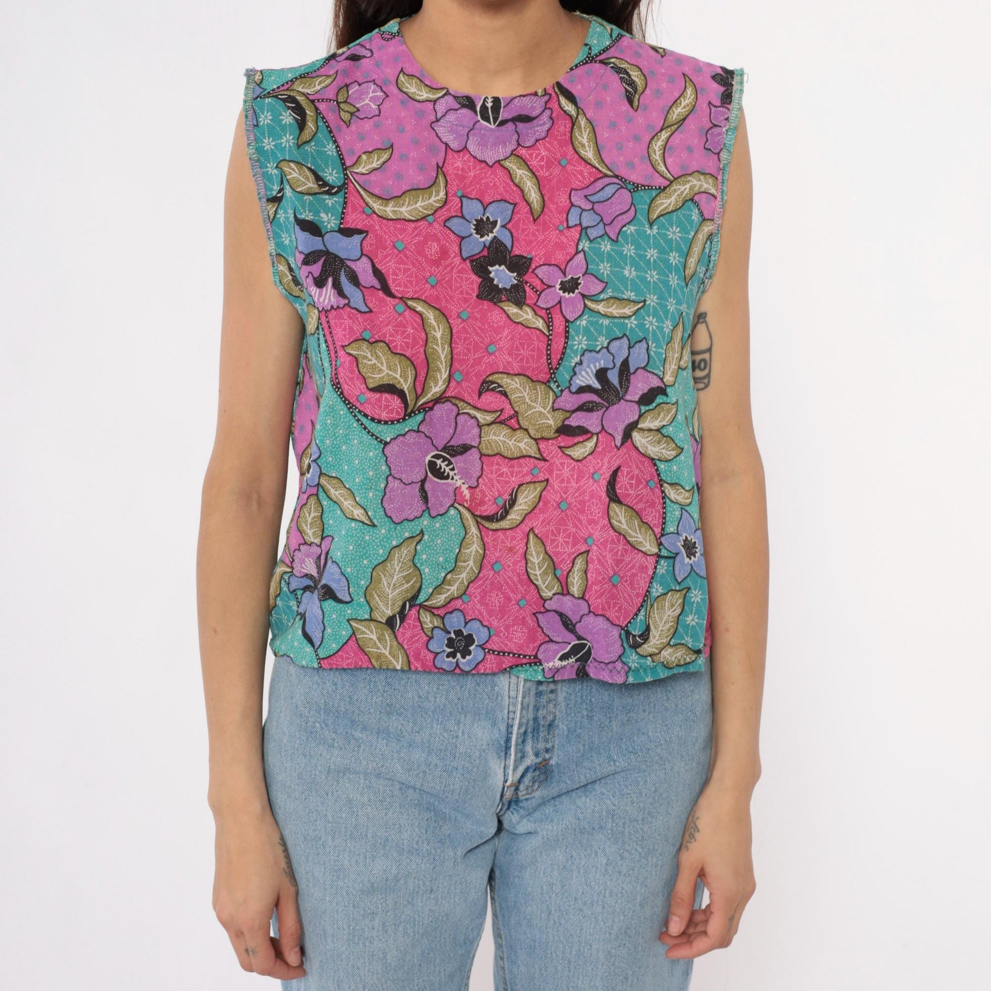 90s Floral Patchwork Tank Top Pink Purple Teal Sleeveless Shell Small