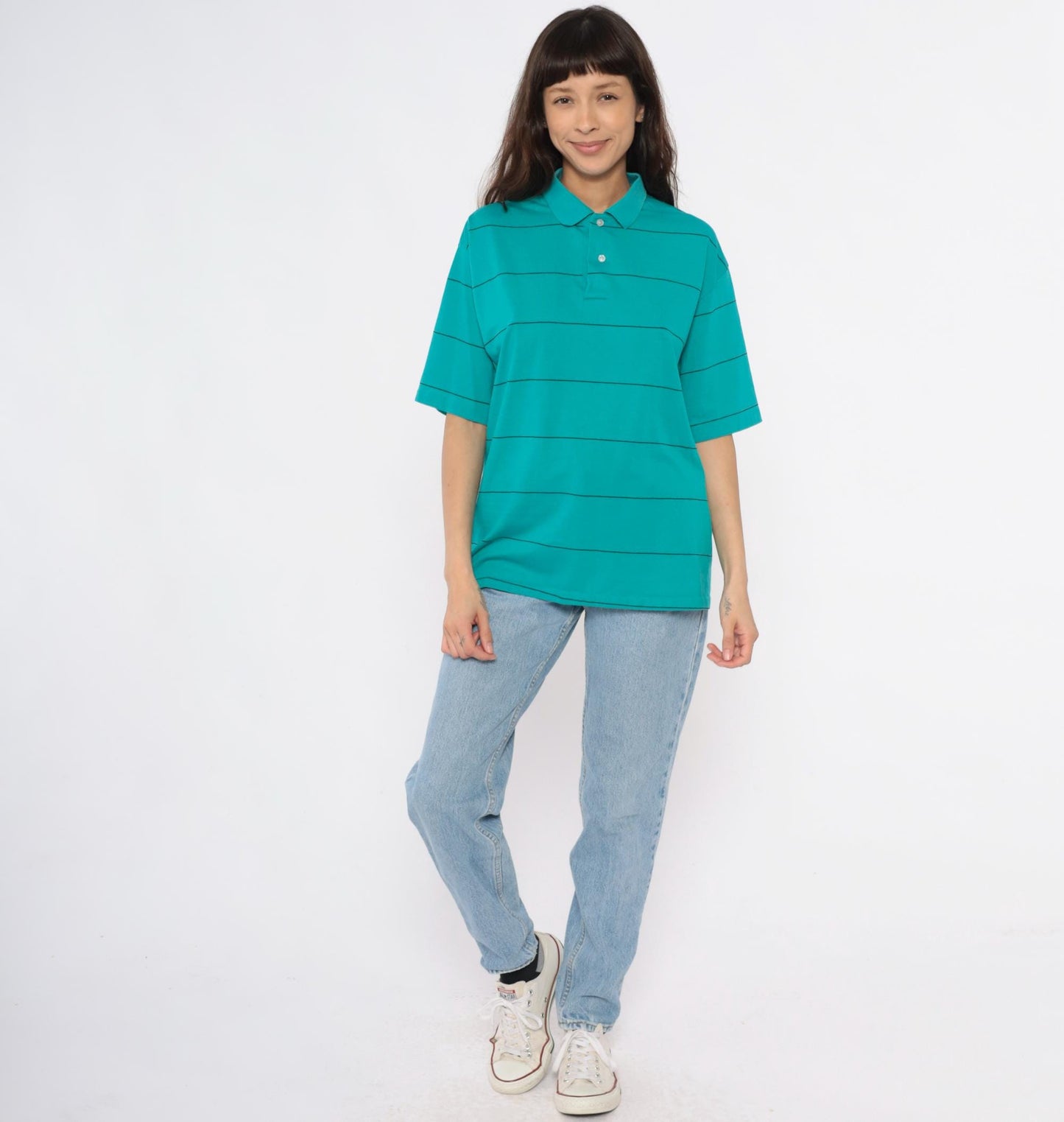 80s Chesterfield Teal Striped Polo Shirt Black Lines Cotton Large L