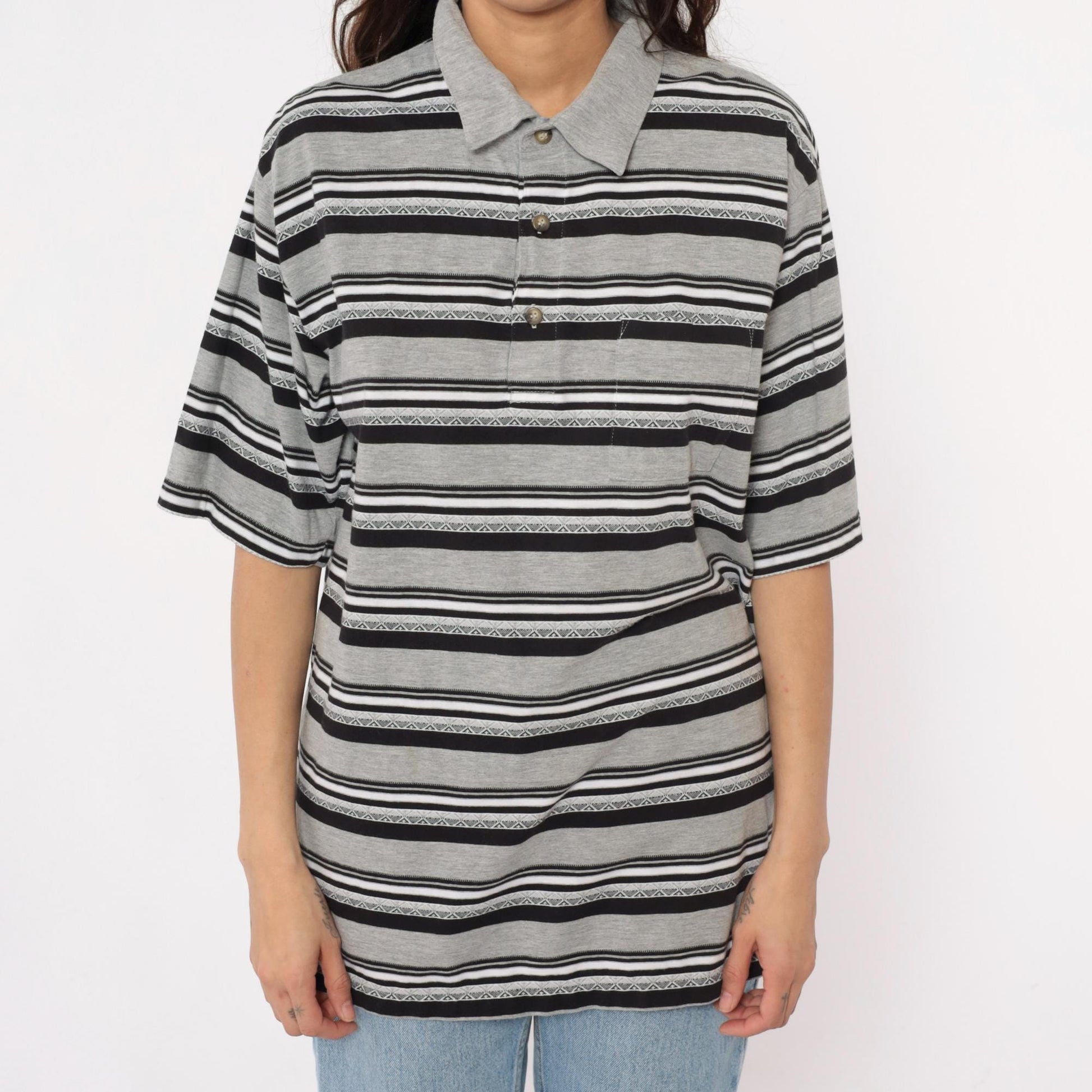 90s Classic by Palmland Striped Polo Shirt Grey Black White Extra Large XL