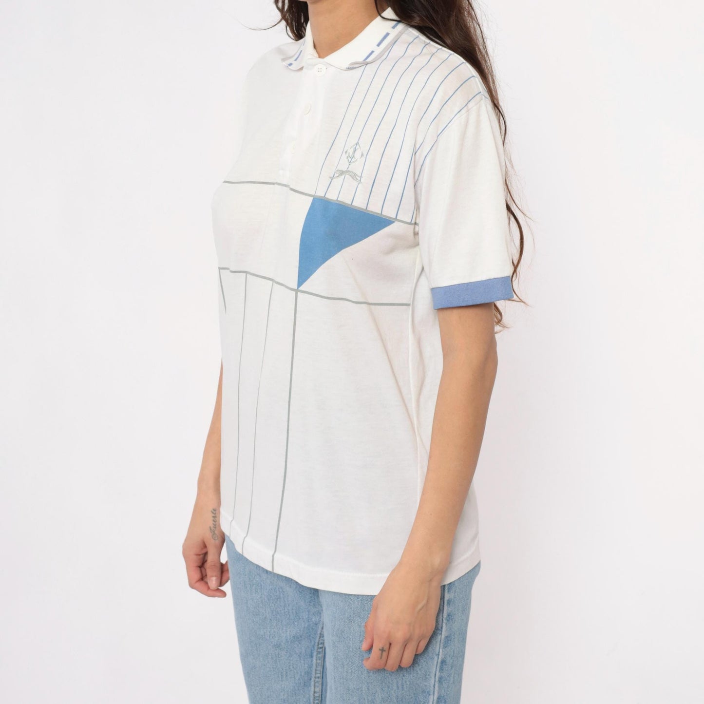 80s Jimmy Connors Slazenger Tennis Polo White Blue Stripe Geometric Medium