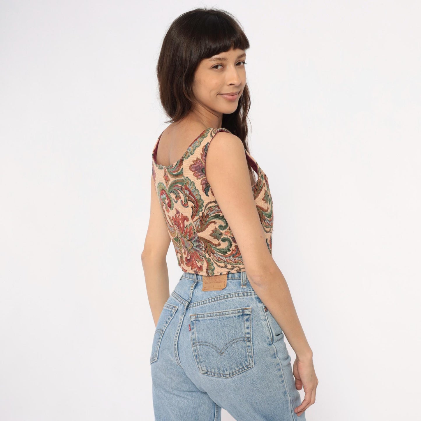 90s B Coole Designs Tapestry Lace-Up Vest Paisley Green Beige Small