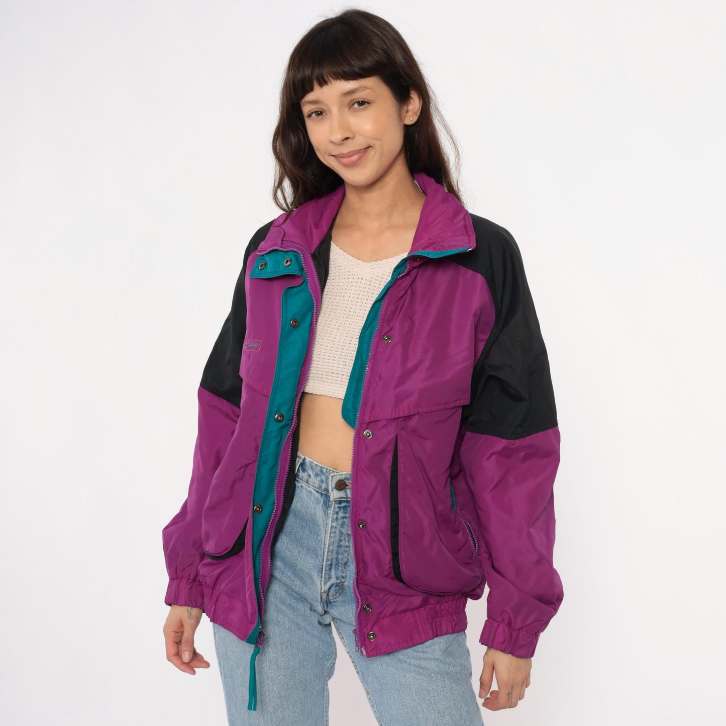 90s Columbia Magenta Windbreaker Colorblock Jacket Teal Trim Large L