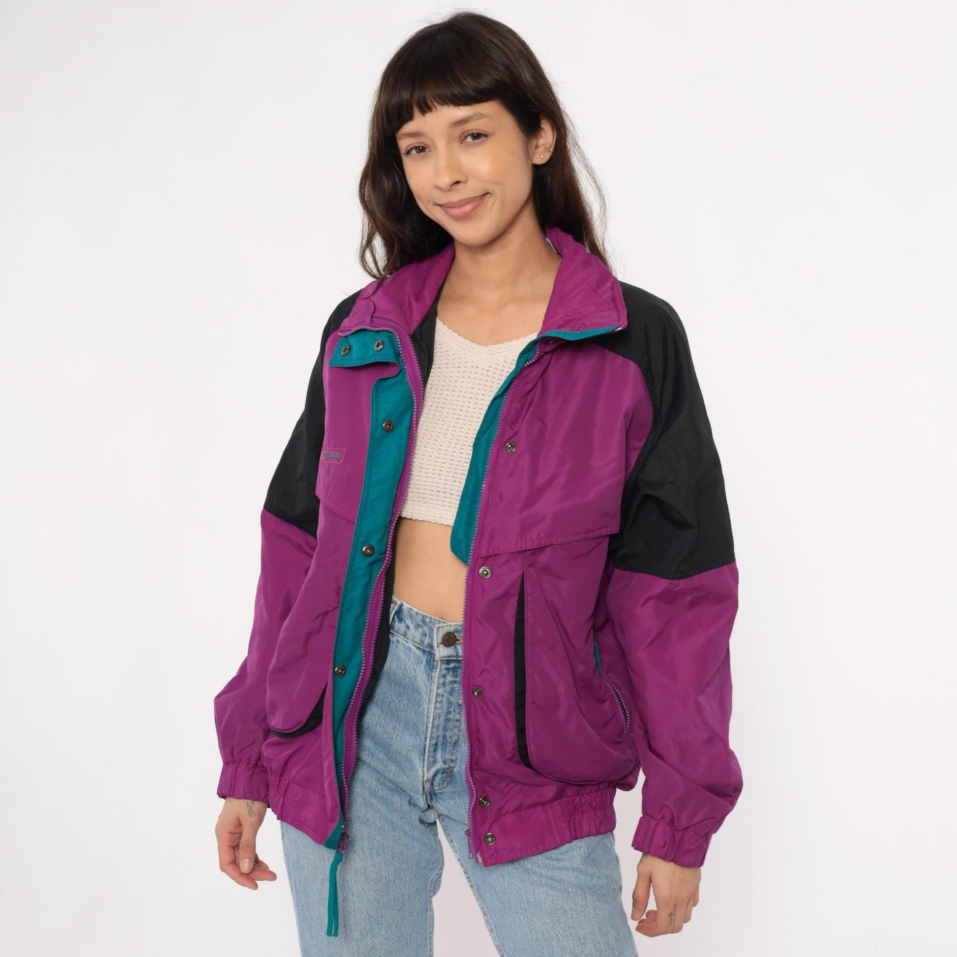 90s Columbia Magenta Windbreaker Colorblock Jacket Teal Trim Large L