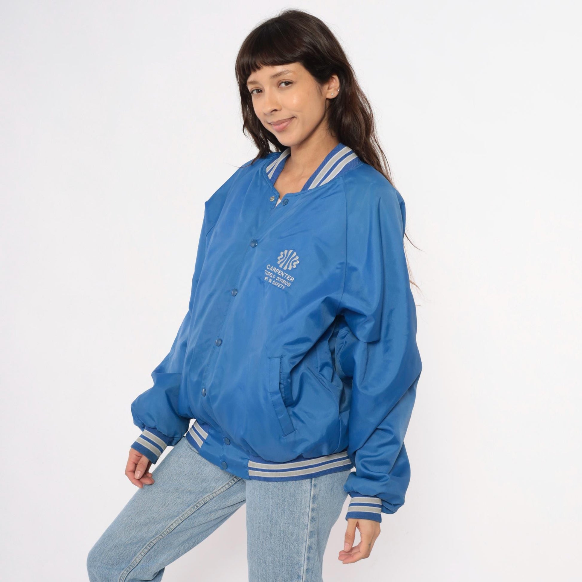 80s Blue Bomber Jacket Carpenter Tupelo Division Snap Button Raglan Medium