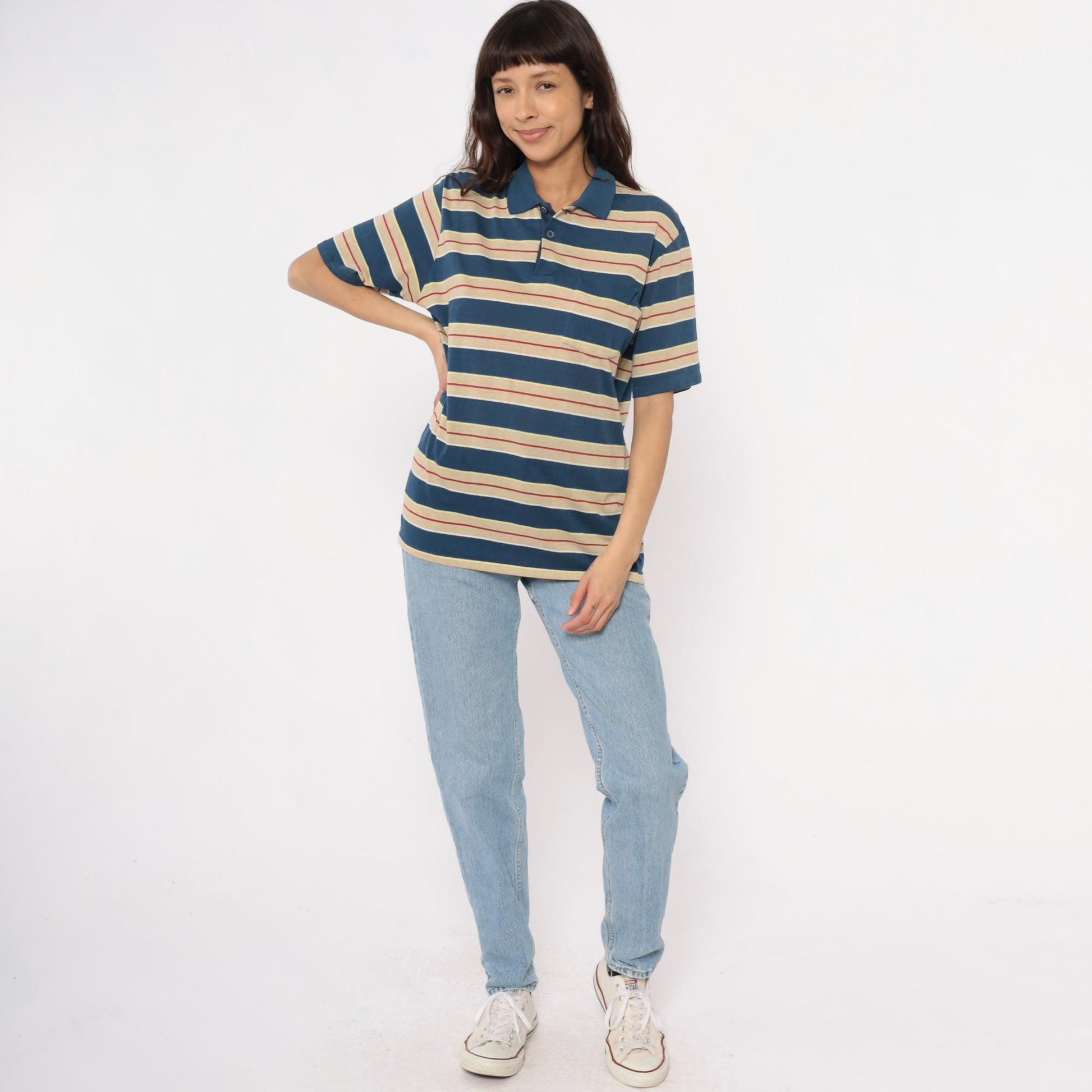 80s Striped Polo Shirt Navy Cream Red Horizontal Stripes Unisex Large