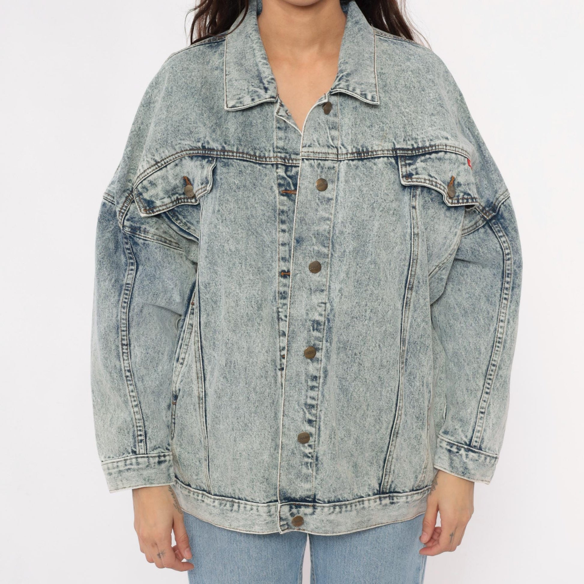 90s Bacini Acid Wash Denim Jacket Light Blue Button Front Small